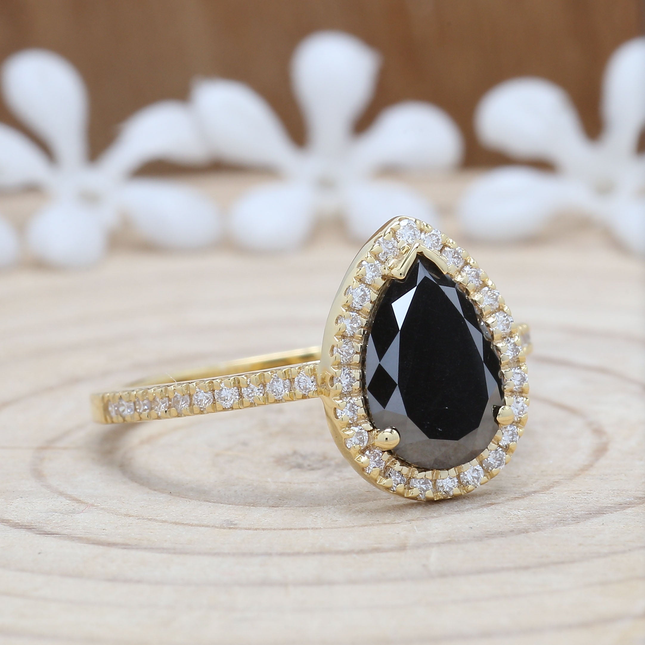 2.00 CT Black Diamond Ring, Pear Cut Diamond Ring, Engagement Ring, Rose Cut Diamond Ring, 14K Yellow Gold Ring, Wedding Ring, KD237