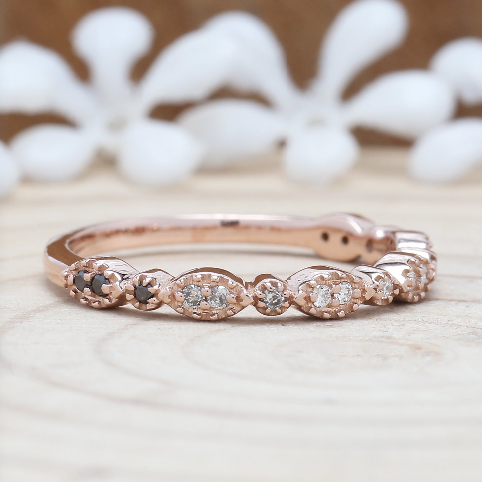 White Diamond Band, Black Diamond Band, Salt And Pepper Diamond Band, Round Cut Diamond Band, Engagement Band, 14K Rose Gold Band, KD926