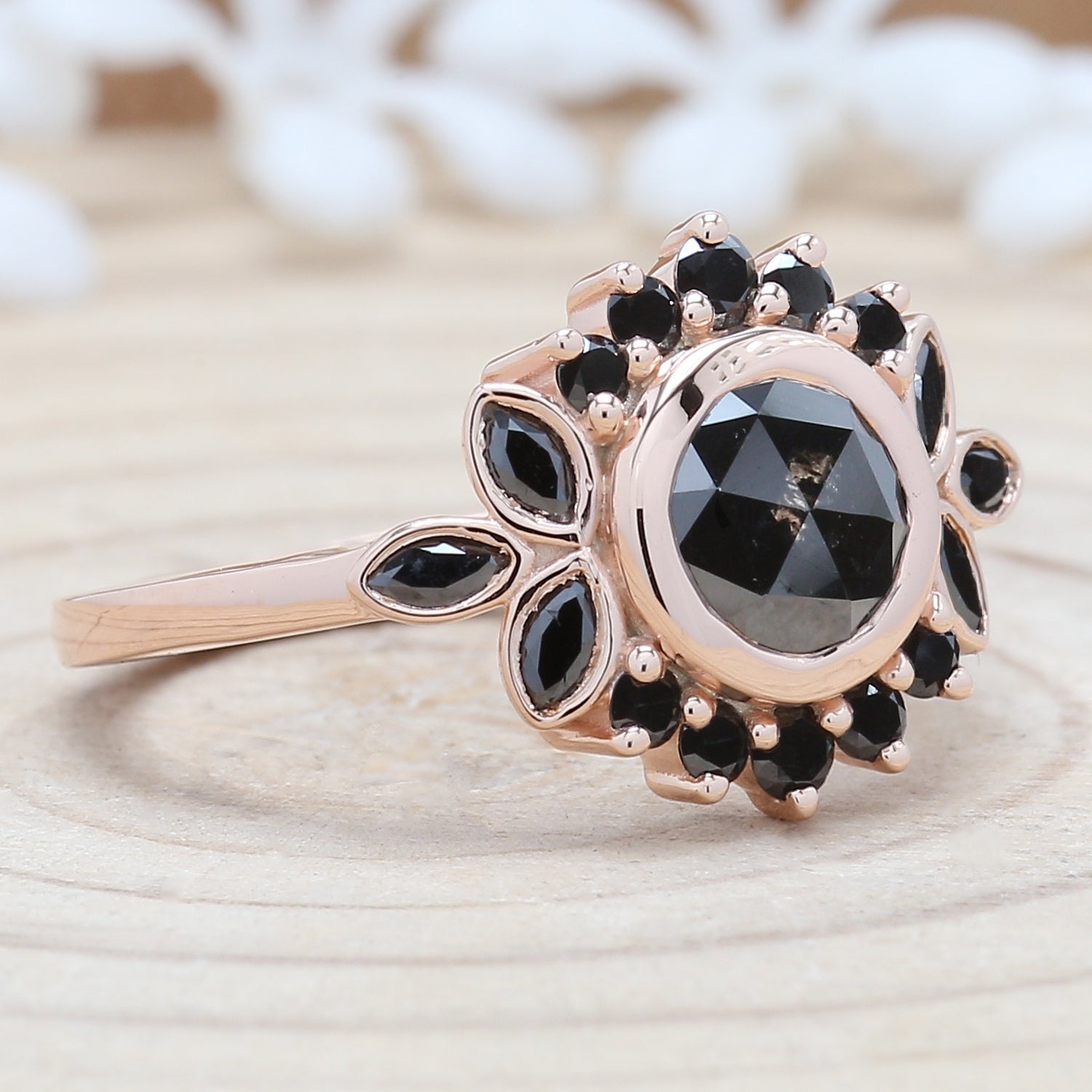Round Rose Cut Black Color Diamond Ring 0.80 Ct 6.00 MM Rose Cut Diamond Ring 14K Solid Rose Gold Silver Engagement Ring Gift For Her QN9075