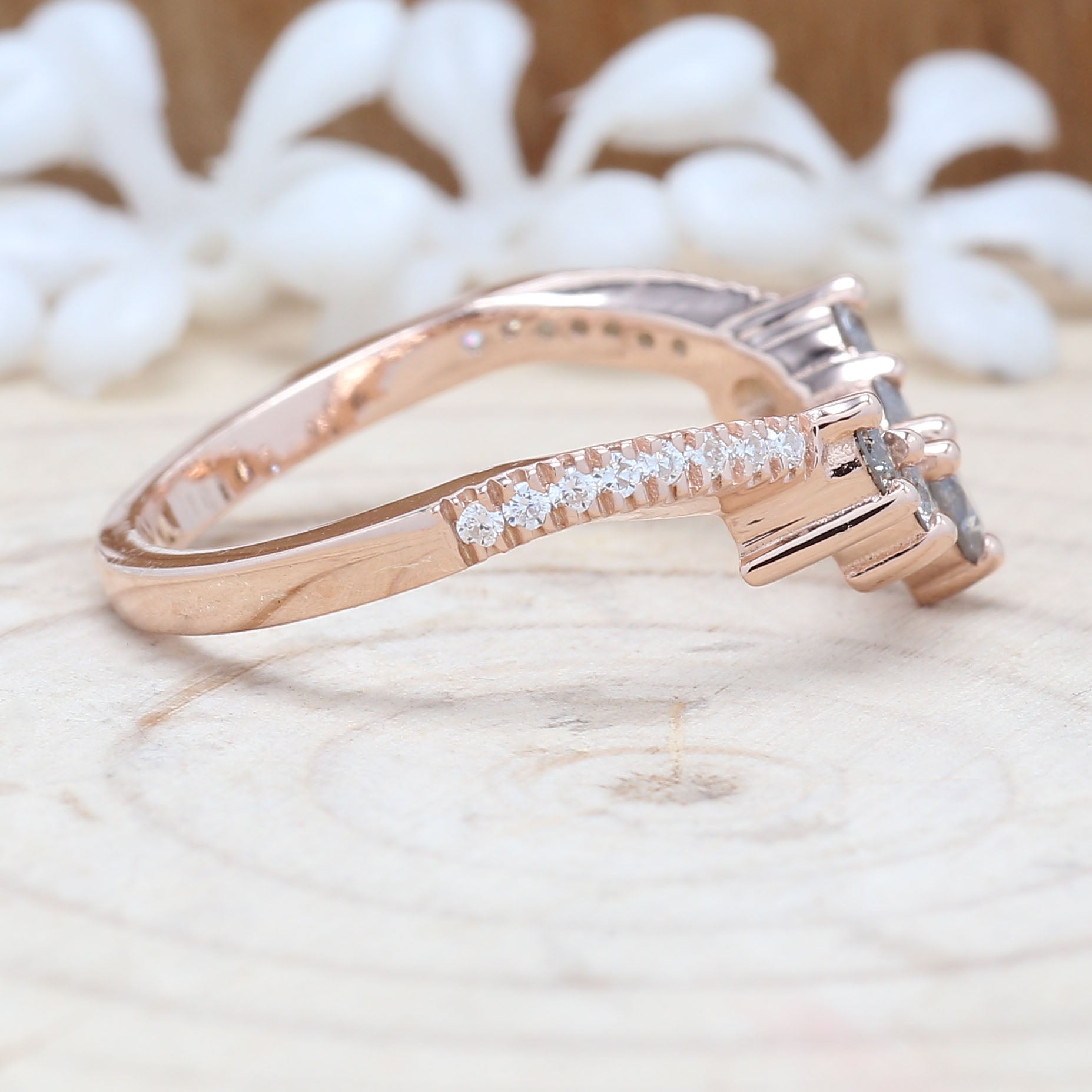 14K Solid Rose White Yellow Gold Band White Salt And Pepper Round Diamond Engagement Wedding Gift Band KD875