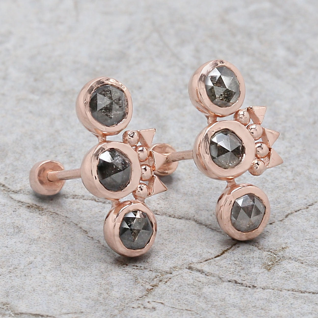 Round Rose Cut Salt and Pepper Diamond Earring Engagement Wedding Gift Earring 14K Solid Rose White Yellow Gold Earring 1.85 CT KDN2059
