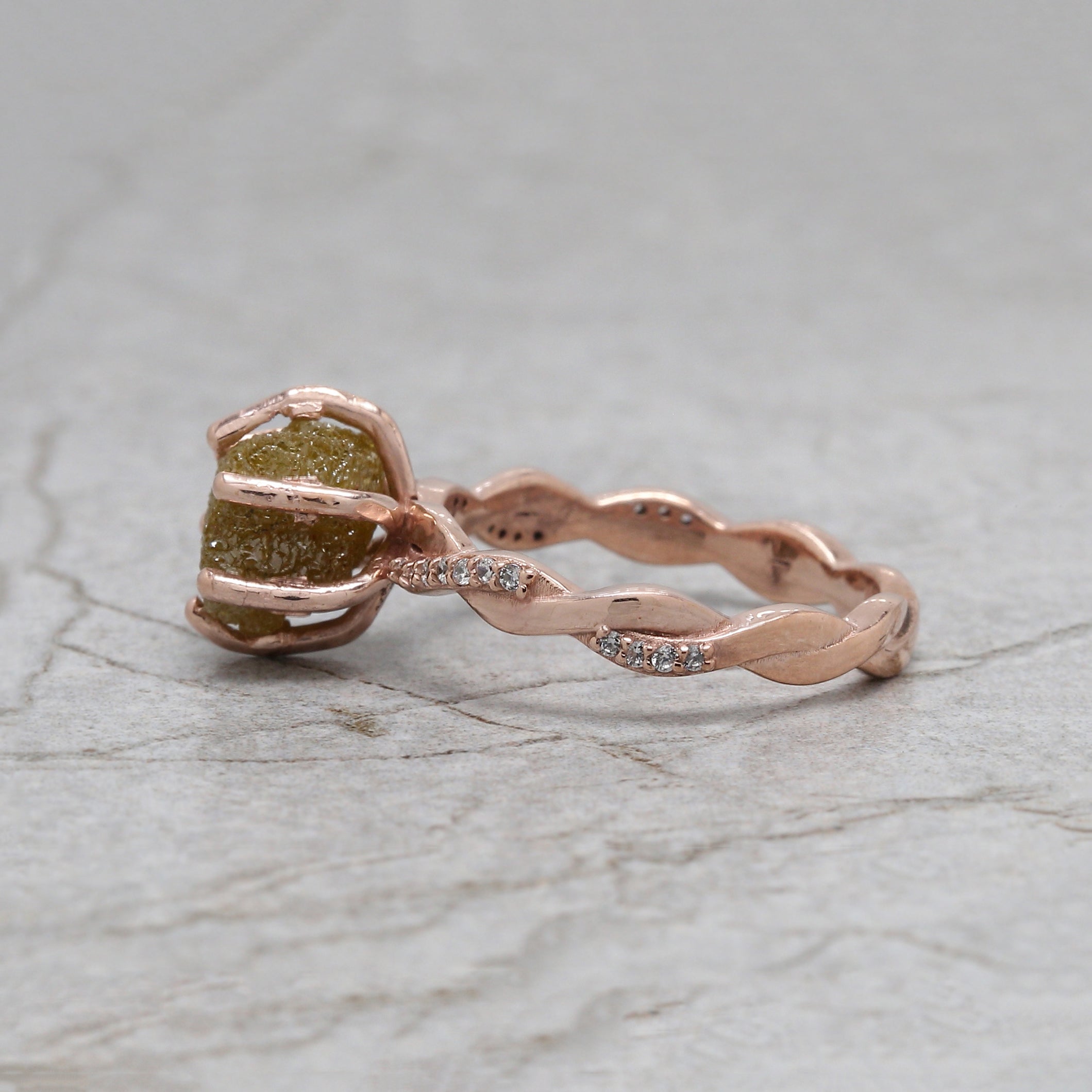 Rough Yellow Color Diamond Ring 3.34 Ct 8.50 MM Crystal Rough Diamond Ring 14K Solid Rose Gold Silver Engagement Ring Gift For Her QK1038