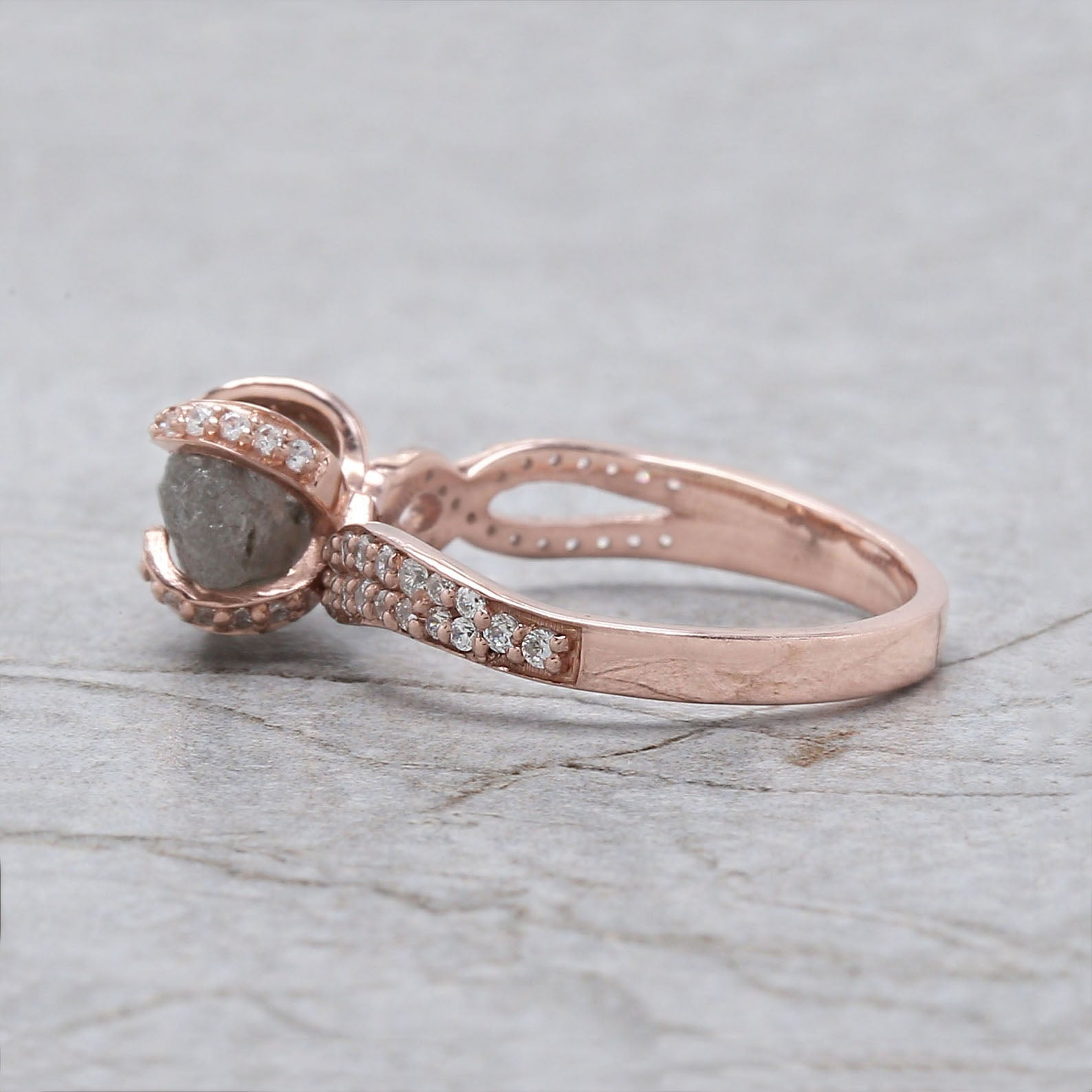 Rough Salt And Pepper Diamond Ring 2.17 Ct 10.25 MM Rough Shape Diamond Ring 14K Solid Rose Gold Silver Engagement Ring Gift For Her QK2479