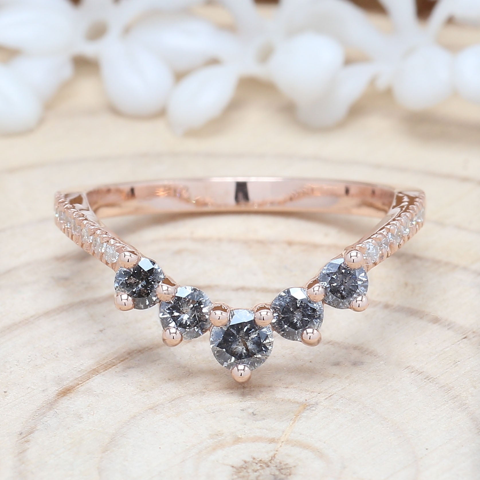 14K Solid Rose White Yellow Gold Band White Salt And Pepper Round Diamond Engagement Wedding Gift Band KD875