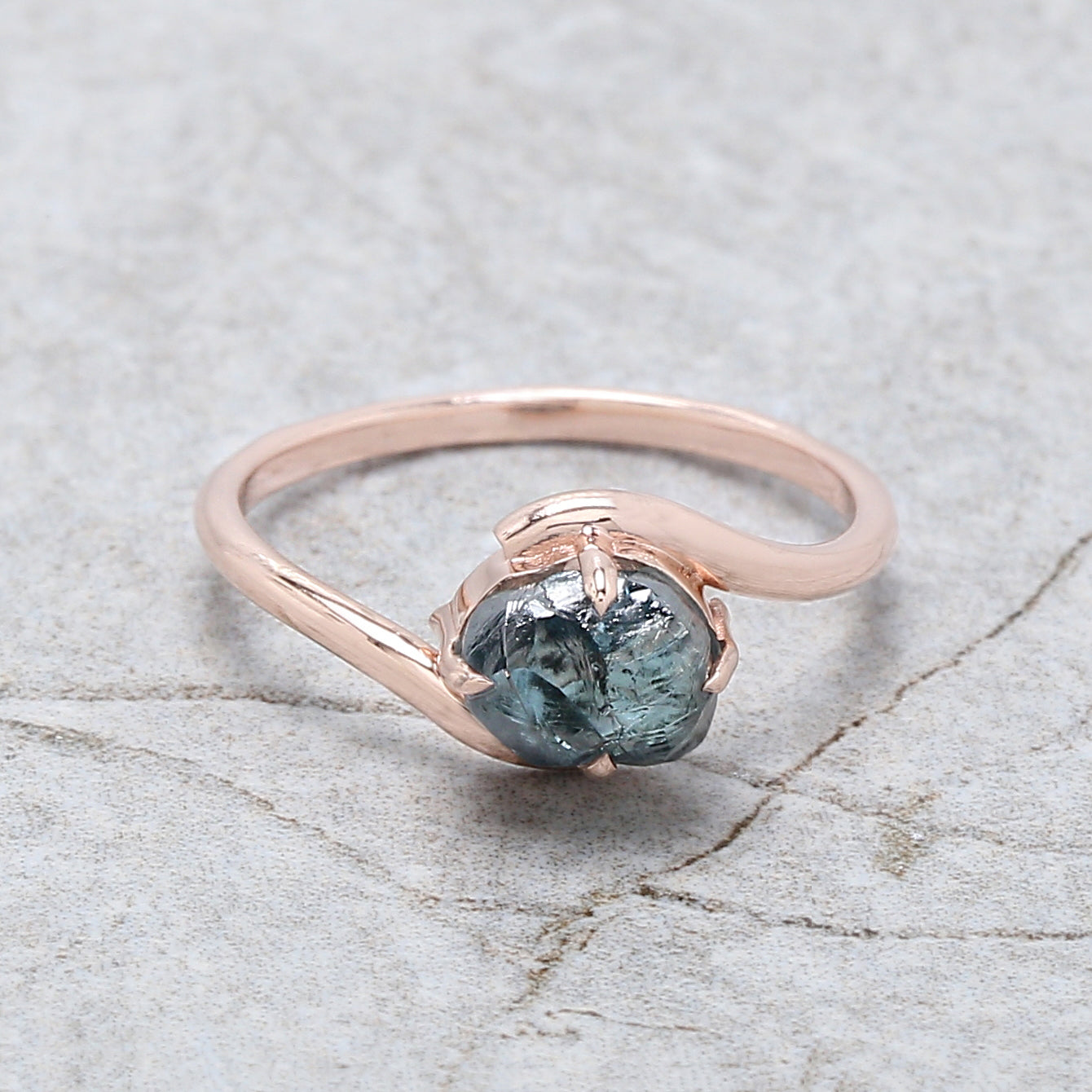 Rough Blue Color Diamond Ring 1.49 Ct 7.07 MM Crystal Rough Diamond Ring 14K Solid Rose Gold Silver Engagement Ring Gift For Her QLB2274