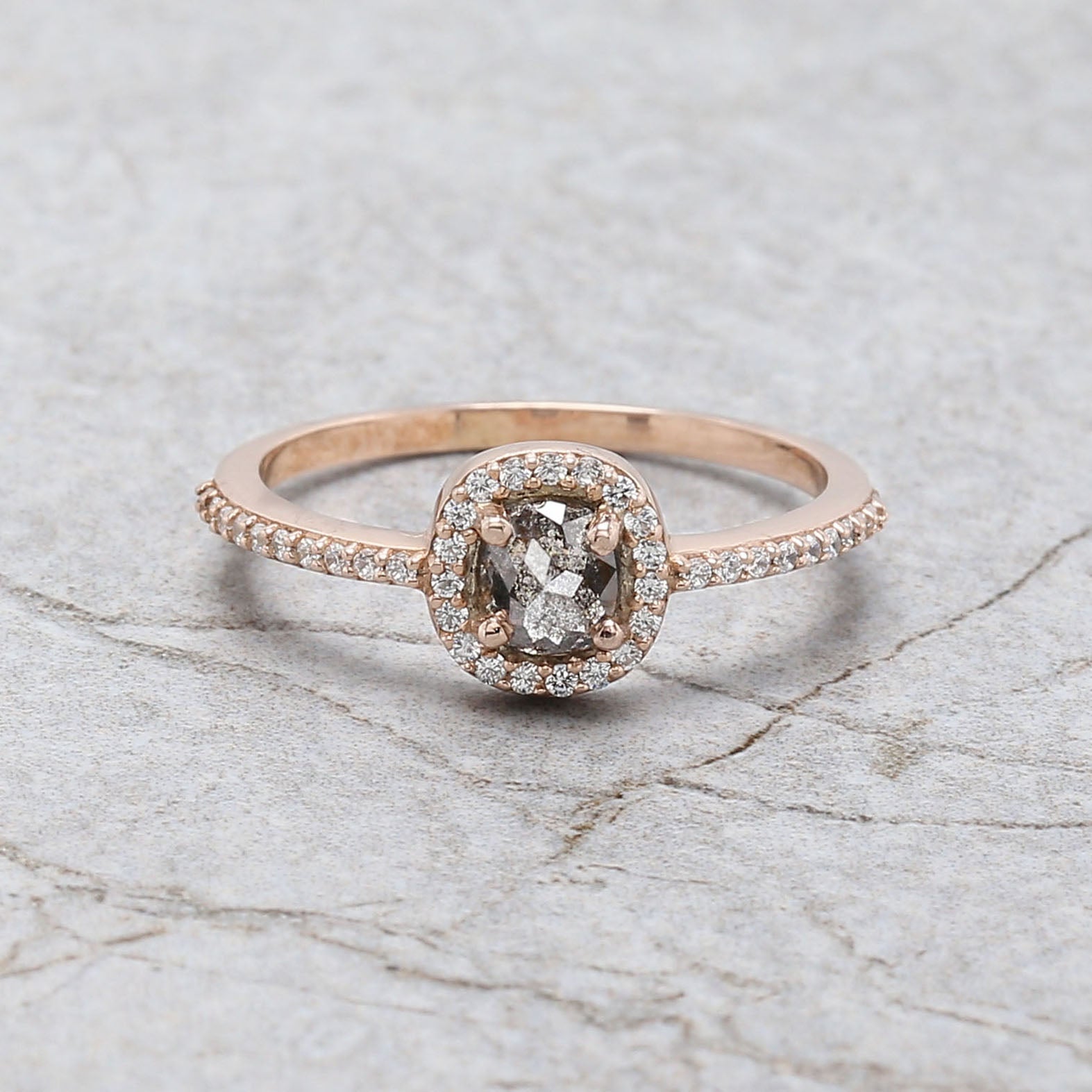 Oval Cut Salt And Pepper Diamond Ring 0.53 Ct 4.85 MM Oval Diamond Ring 14K Solid Rose Gold Silver Oval Engagement Ring Gift For Her QL3134