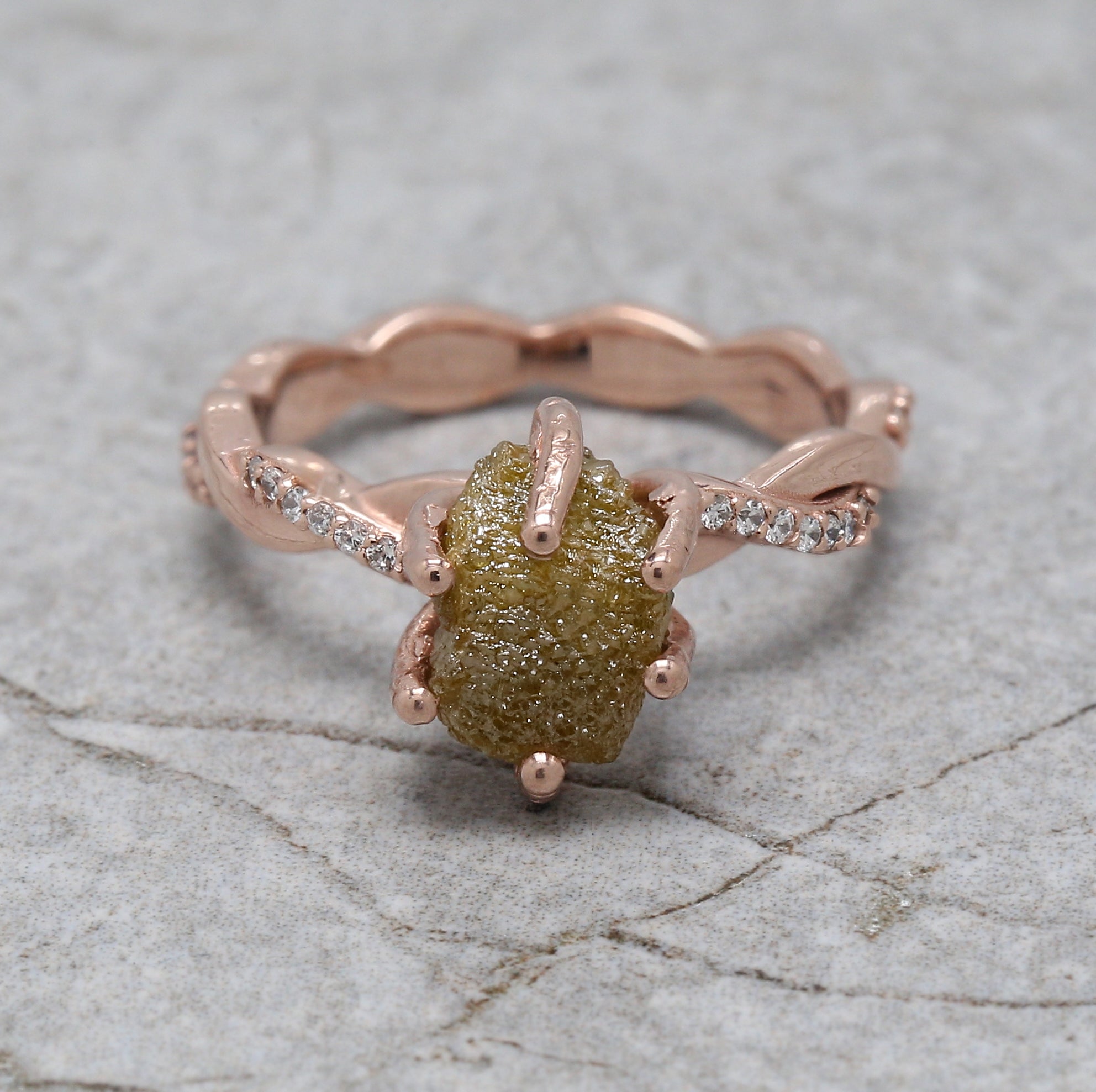 Rough Yellow Color Diamond Ring 3.34 Ct 8.50 MM Crystal Rough Diamond Ring 14K Solid Rose Gold Silver Engagement Ring Gift For Her QK1038