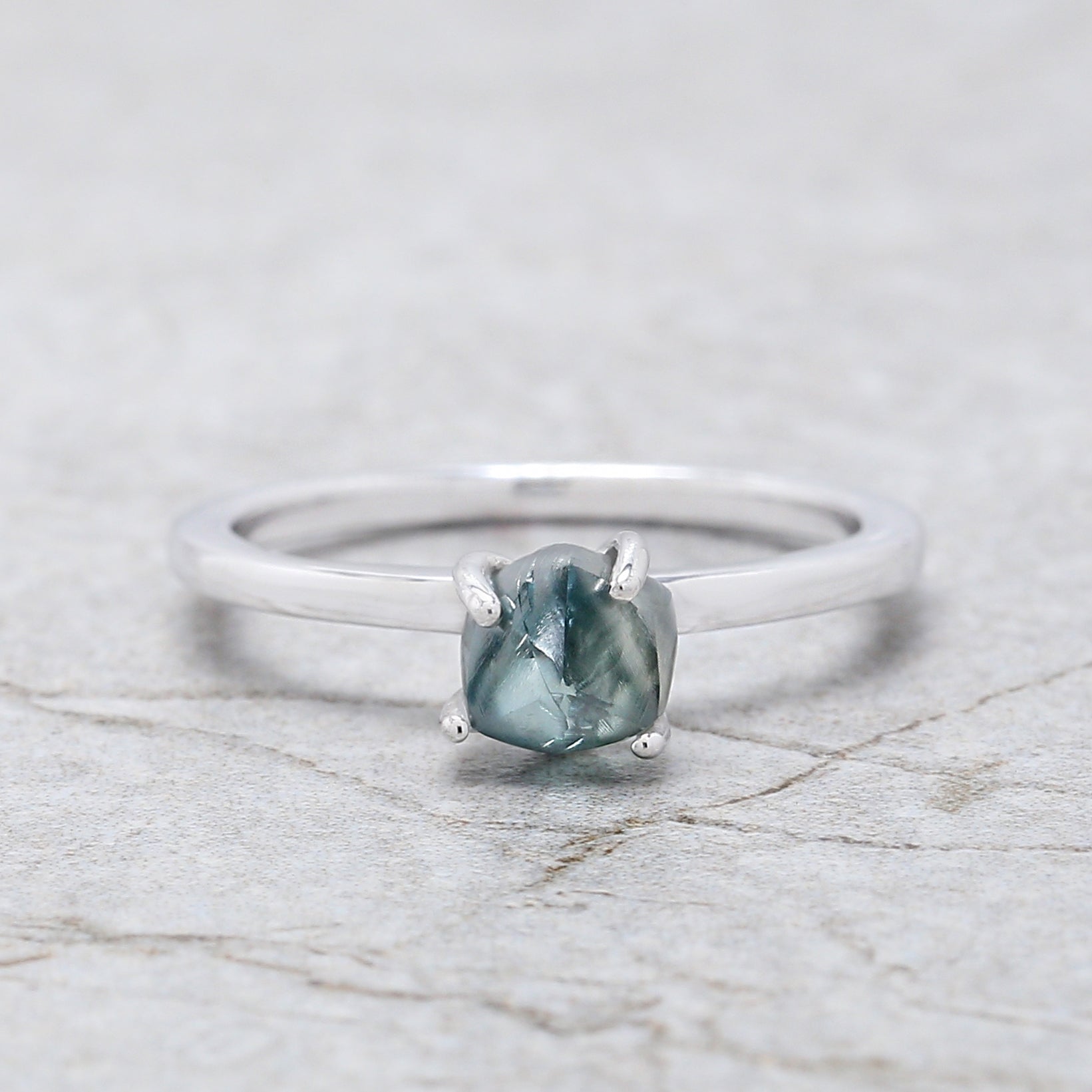 Rough Cut Blue Color Diamond Ring 1.35 Ct 6.40 MM Crystal Rough Diamond Ring 14K Solid White Gold Silver Engagement Ring Gift For Her QL2350