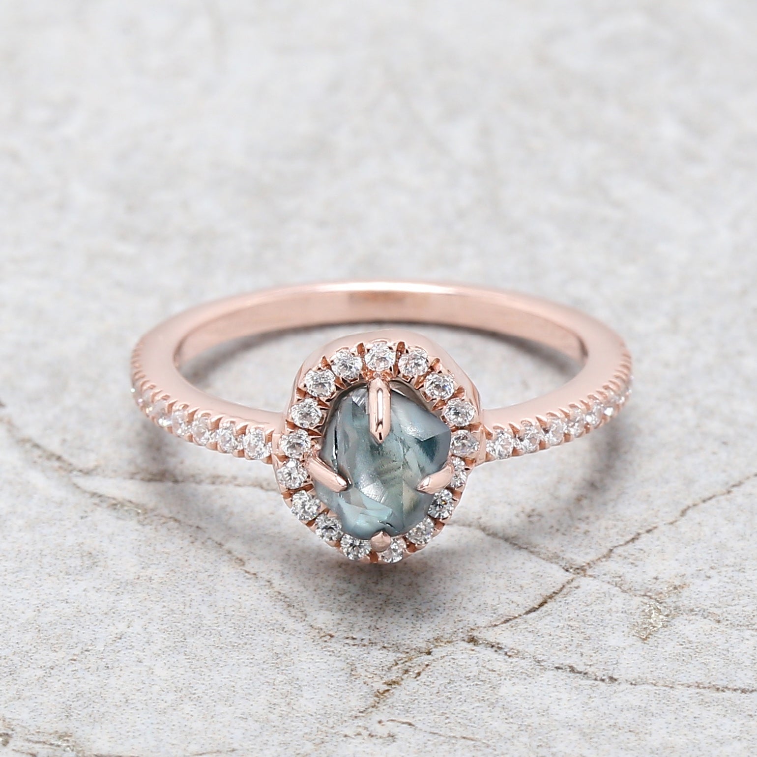 Rough Blue Color Diamond Ring 1.34 Ct 6.23 MM Crystal Rough Diamond Ring 14K Solid Rose Gold Silver Engagement Ring Gift For Her QL2301
