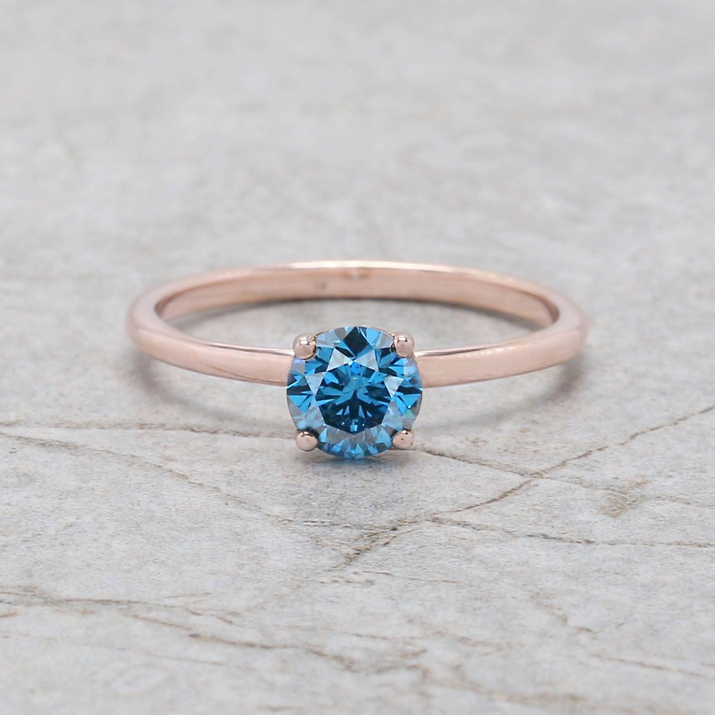 0.56 Ct Natural Round Shape Blue Color Diamond Ring 5.20 MM Round Cut Diamond Ring 14K Solid Rose Gold Silver Engagement Ring QL1793