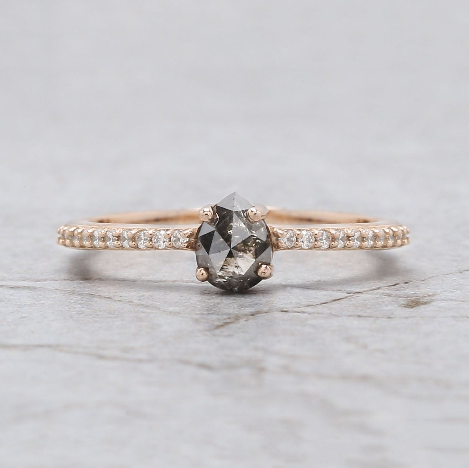 Pear Cut Salt And Pepper Diamond Ring 0.46 Ct 5.35 MM Pear Diamond Ring 14K Solid Rose Gold Silver Pear Engagement Ring Gift For Her QL3126