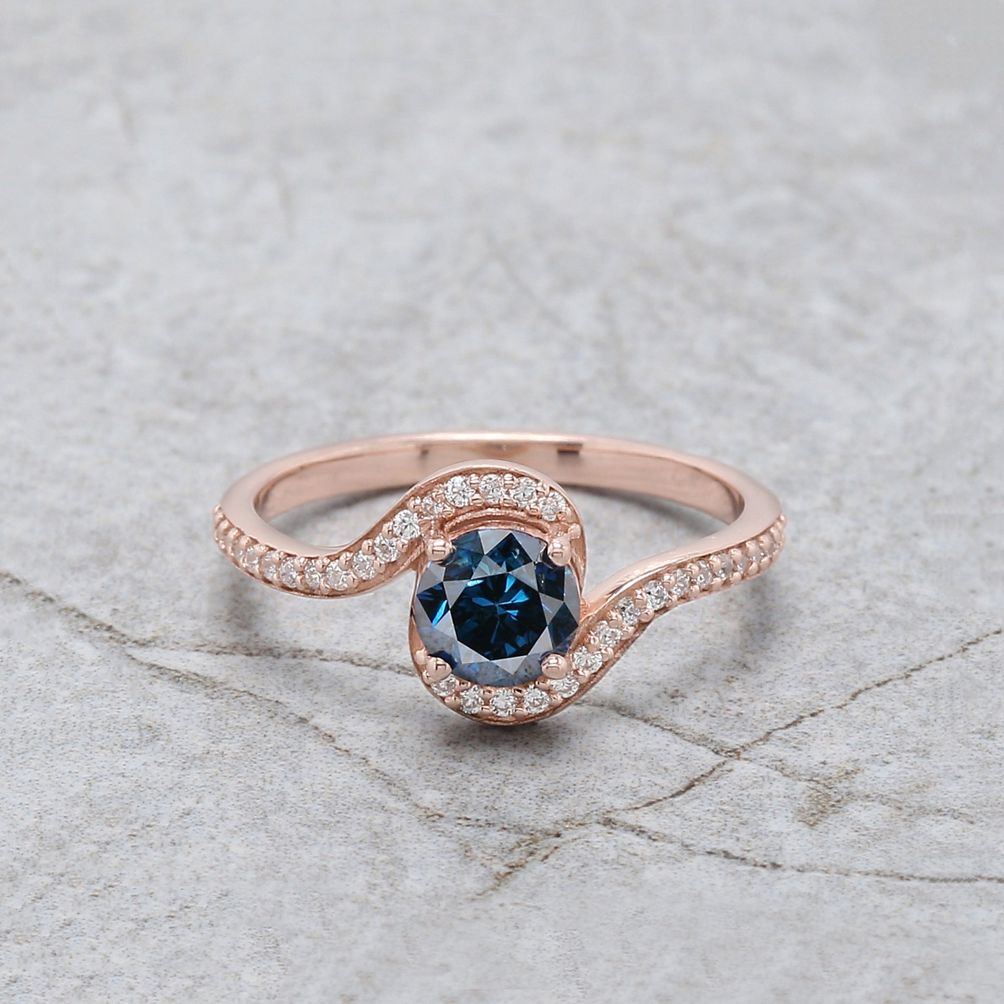 Round Cut Blue Color Diamond Ring 0.70 Ct 5.38 MM Round Shape Diamond Ring 14K Rose Gold Silver Round Engagement Ring Gift For Her QL2043