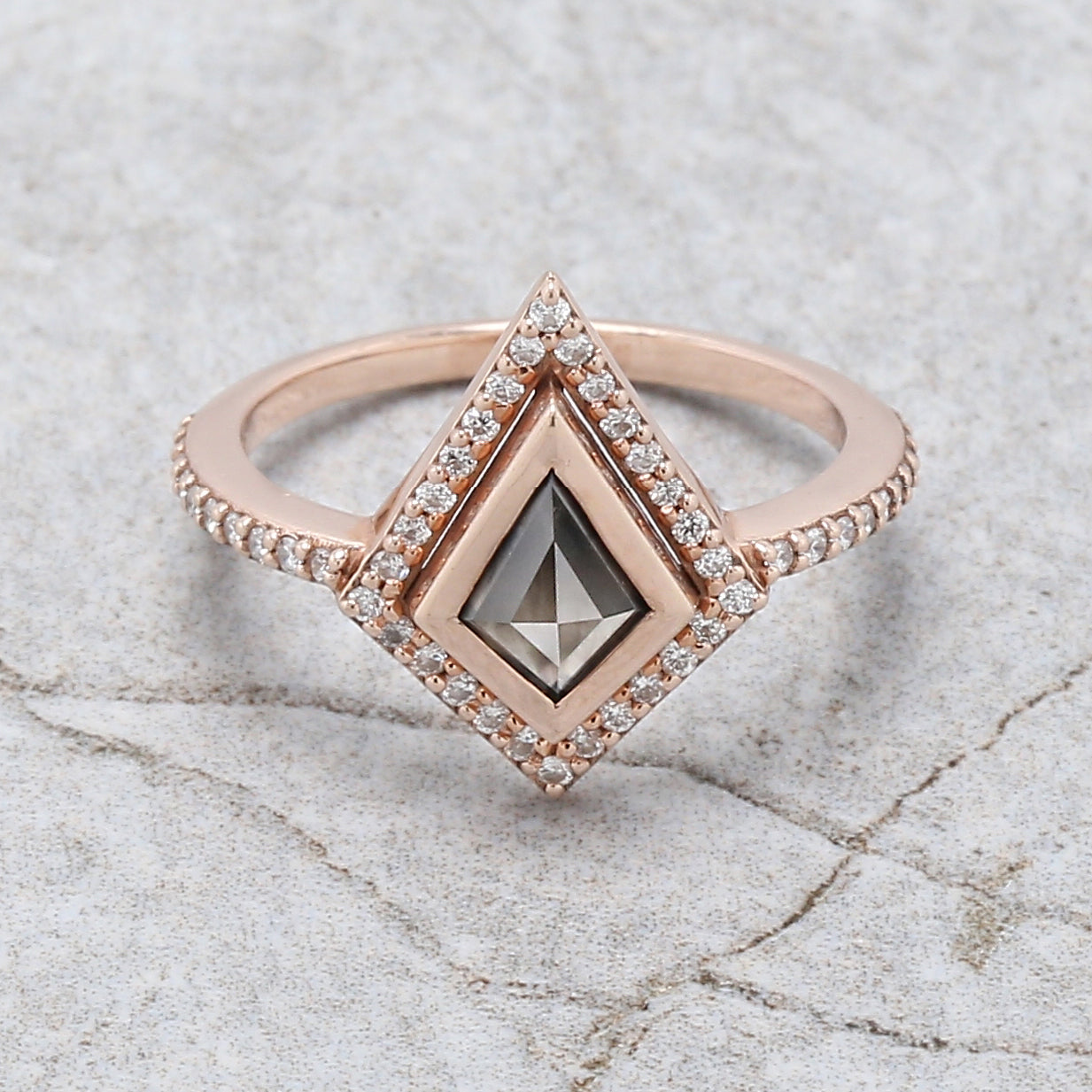 Kite Cut Salt And Pepper Diamond Ring 0.58 Ct 7.31 MM Kite Diamond Ring 14K Solid Rose Gold Silver Kite Engagement Ring Gift For Her QN2488