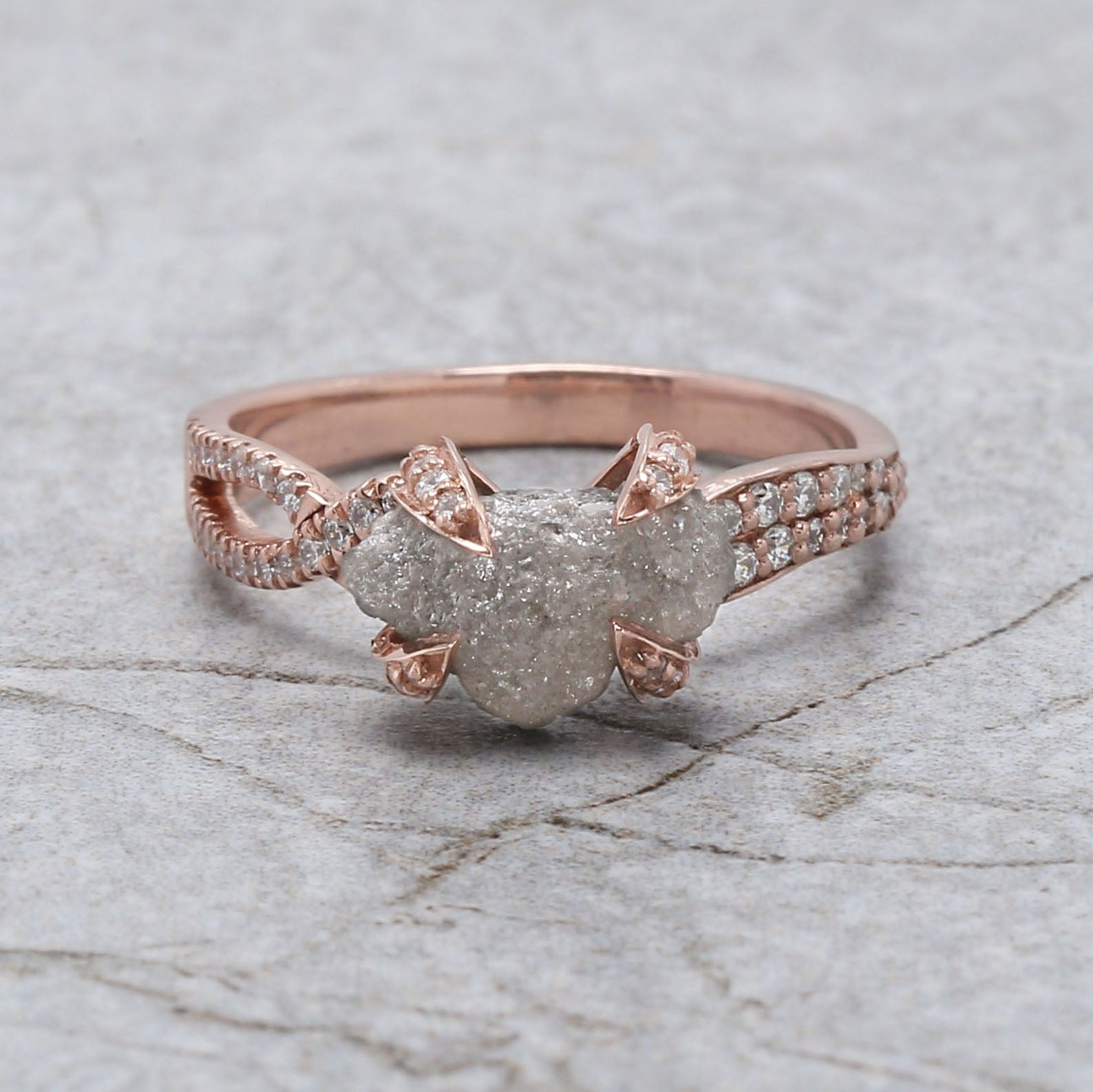 Rough Salt And Pepper Diamond Ring 2.17 Ct 10.25 MM Rough Shape Diamond Ring 14K Solid Rose Gold Silver Engagement Ring Gift For Her QK2479