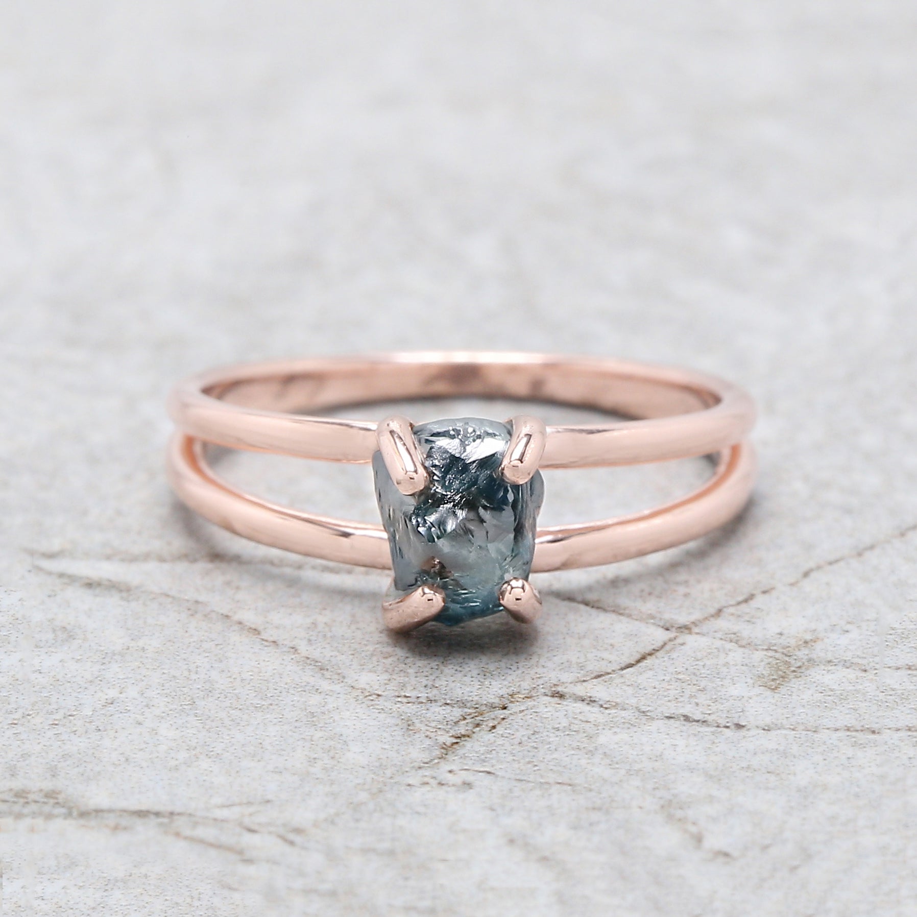 Rough Blue Color Diamond Ring 1.40 Ct 6.60 MM Crystal Rough Diamond Ring 14K Solid Rose Gold Silver Engagement Ring Gift For Her QL2329