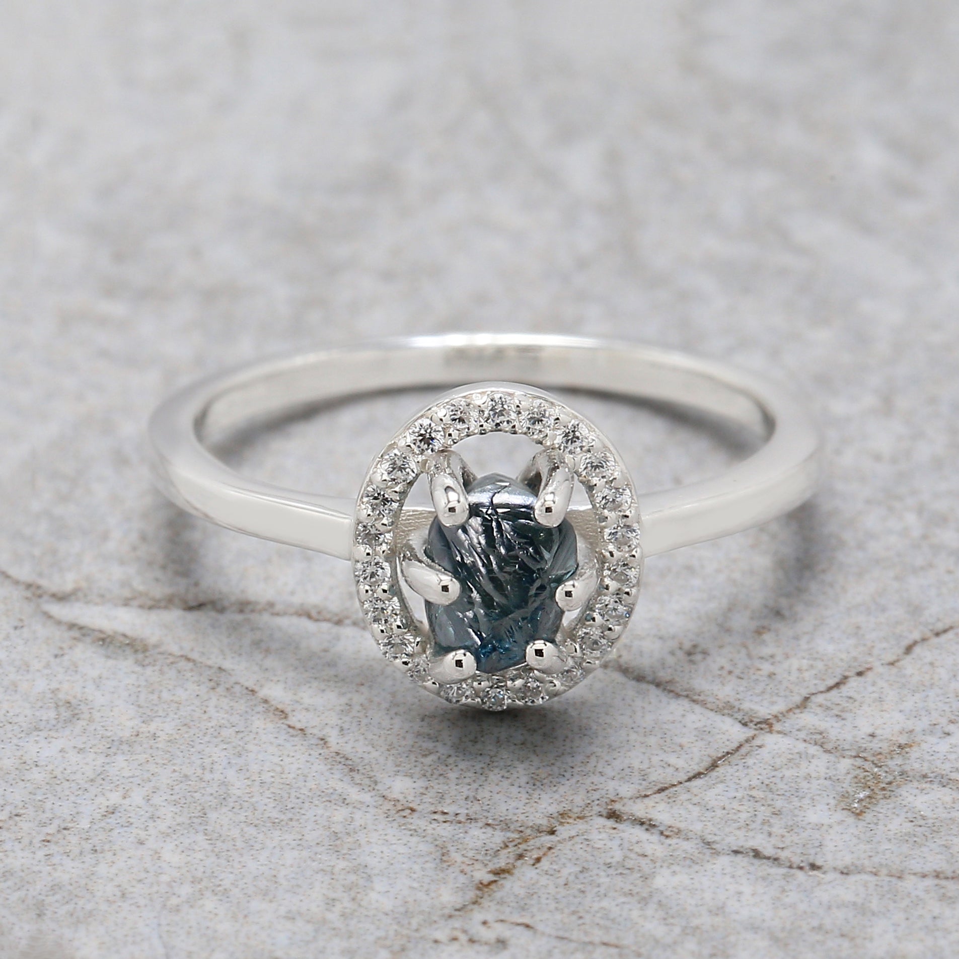 Rough Blue Color Diamond Ring 0.98 Ct 5.55 MM Rough Uncut Diamond Ring 14K Solid White Gold Silver Engagement Ring Gift For Her QLB2356