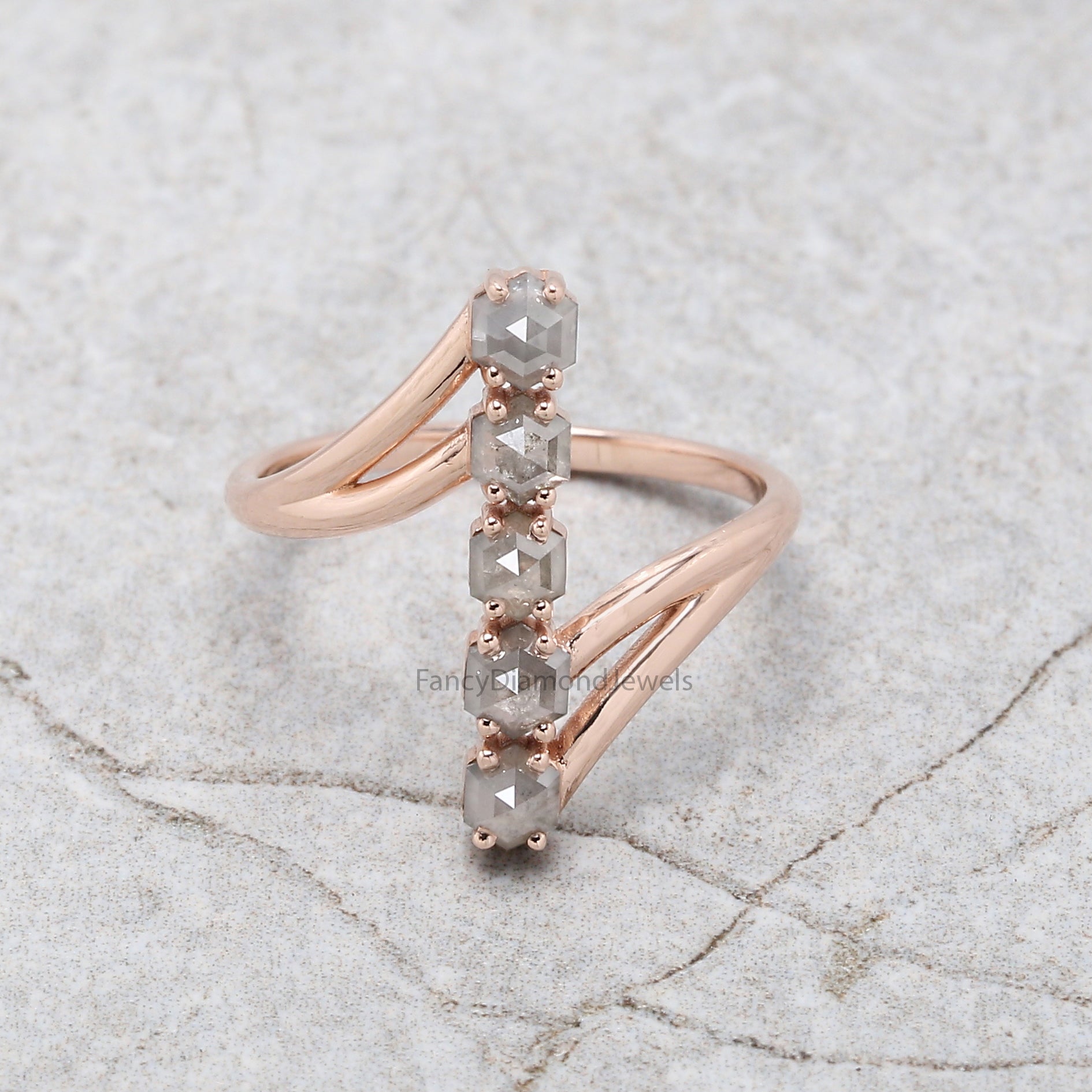 Hexagon Grey Color Diamond Ring 1.01 Ct 3.40 MM Hexagon Shape Diamond Ring 14K Solid Rose Gold Silver Engagement Ring Gift For Her QK1837