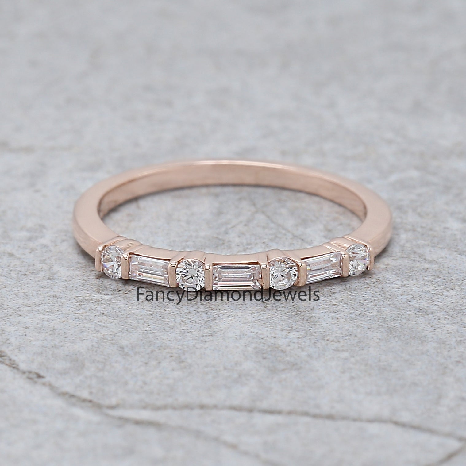Round White Diamond Band Baguette Diamond Band Engagement Wedding Gift Band 14K Solid Rose White Yellow Gold Band 0.20 Ct KD893