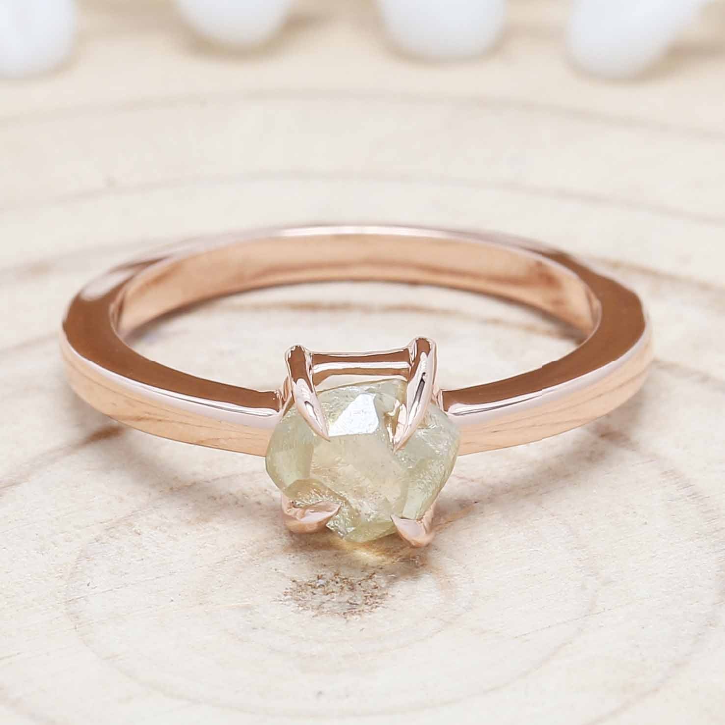 Rough Yellow Color Diamond Ring 1.29 Ct 5.45 MM Crystal Rough Diamond Ring 14K Solid Rose Gold Silver Engagement Ring Gift For Her QL3124