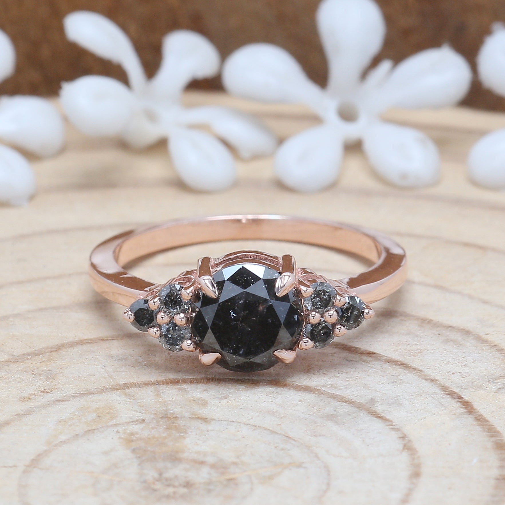 1.35 CT Black Diamond Ring, Round Brilliant Cut Diamond Ring, Engagement Ring, 14K Rose Gold Ring, Wedding Ring, Gift For Her KDL477