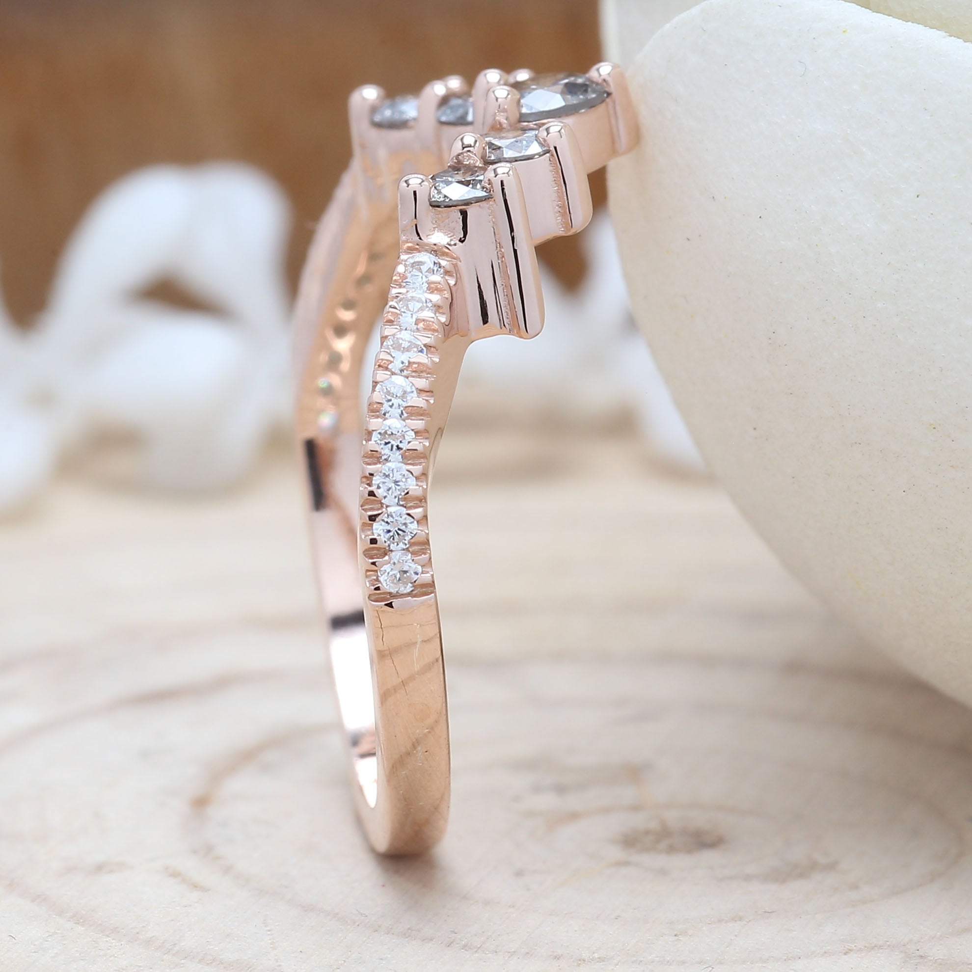 14K Solid Rose White Yellow Gold Band White Salt And Pepper Round Diamond Engagement Wedding Gift Band KD875
