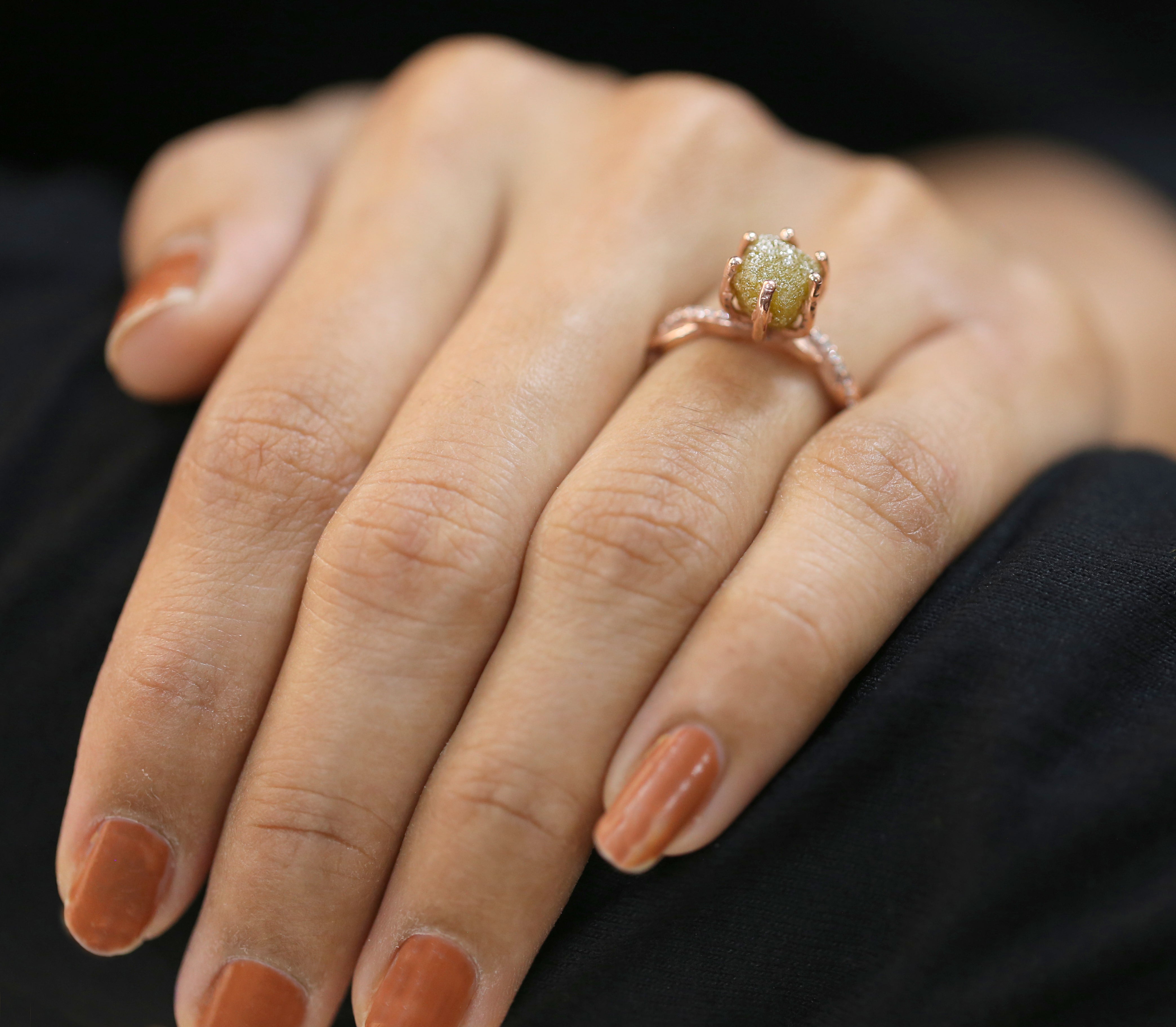 Rough Yellow Color Diamond Ring 3.34 Ct 8.50 MM Crystal Rough Diamond Ring 14K Solid Rose Gold Silver Engagement Ring Gift For Her QK1038