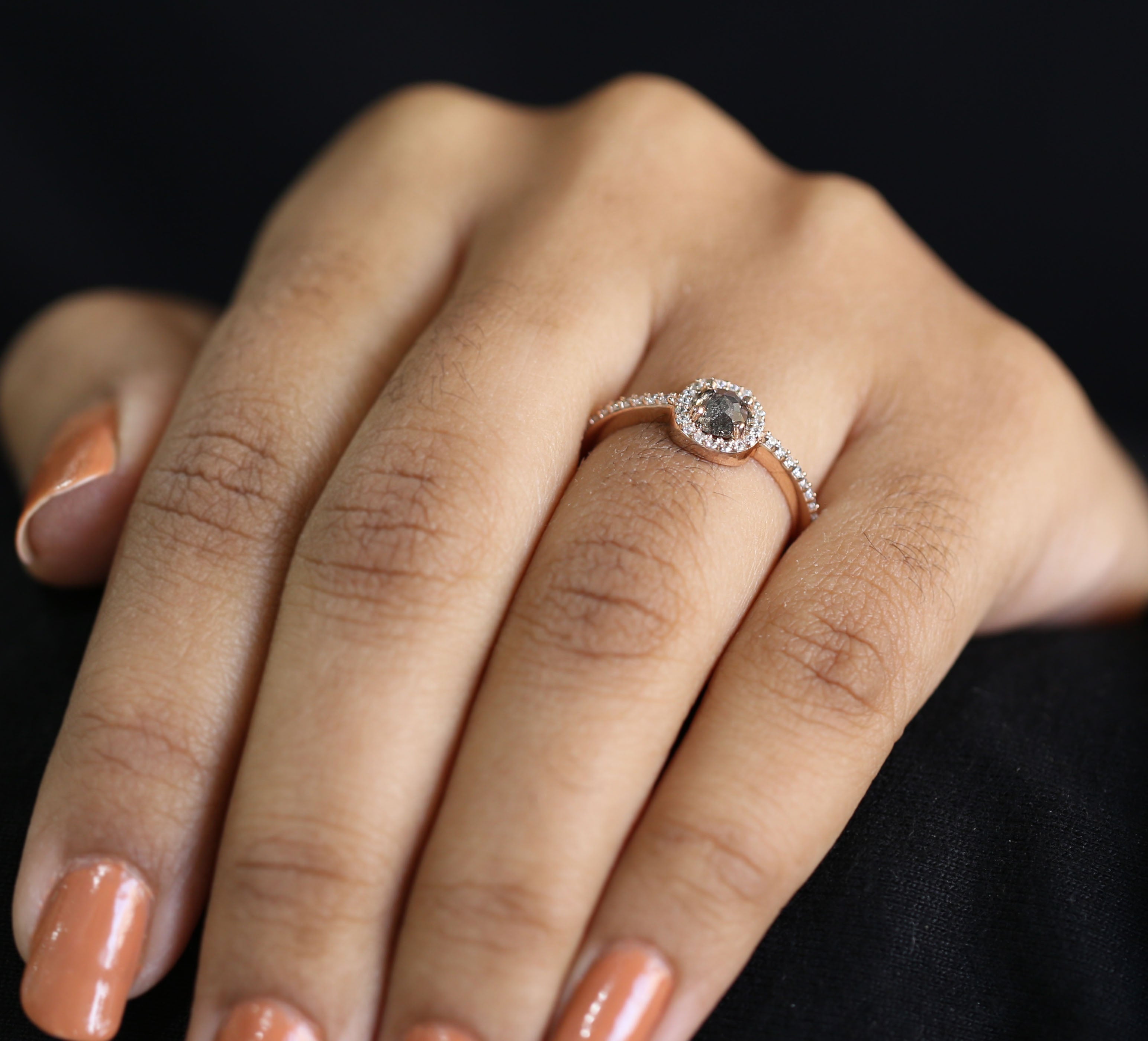 Oval Cut Salt And Pepper Diamond Ring 0.53 Ct 4.85 MM Oval Diamond Ring 14K Solid Rose Gold Silver Oval Engagement Ring Gift For Her QL3134