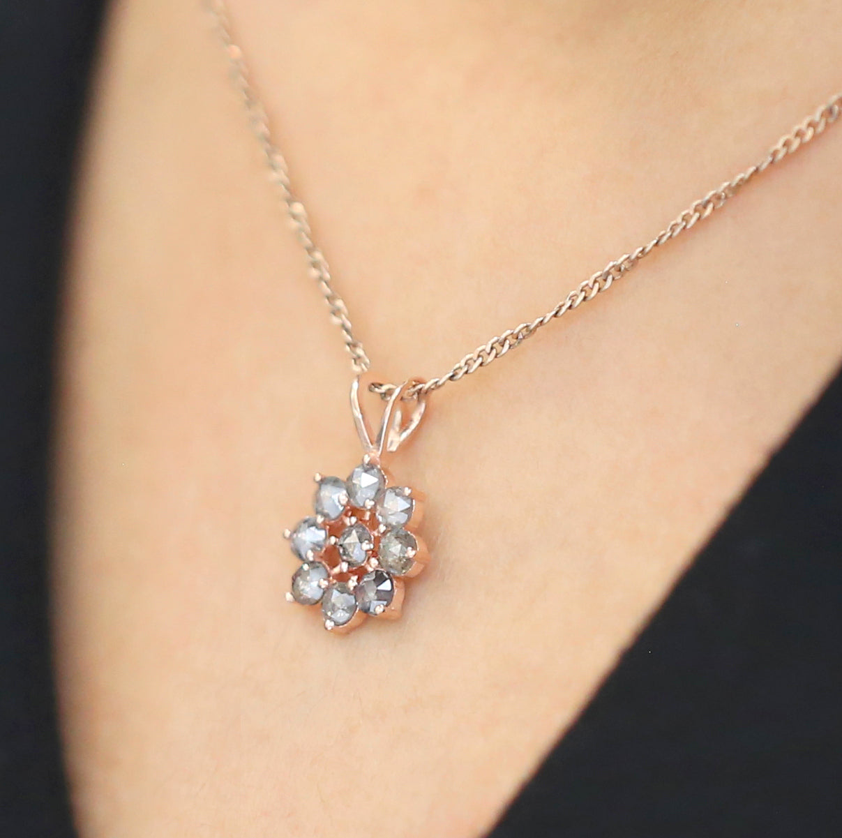 Round Rose Cut Salt And Pepper Diamond Pendant, Unique Diamond Pendant, Dangling Diamond Pendant, No Chain Including Only Pendant KDL8004