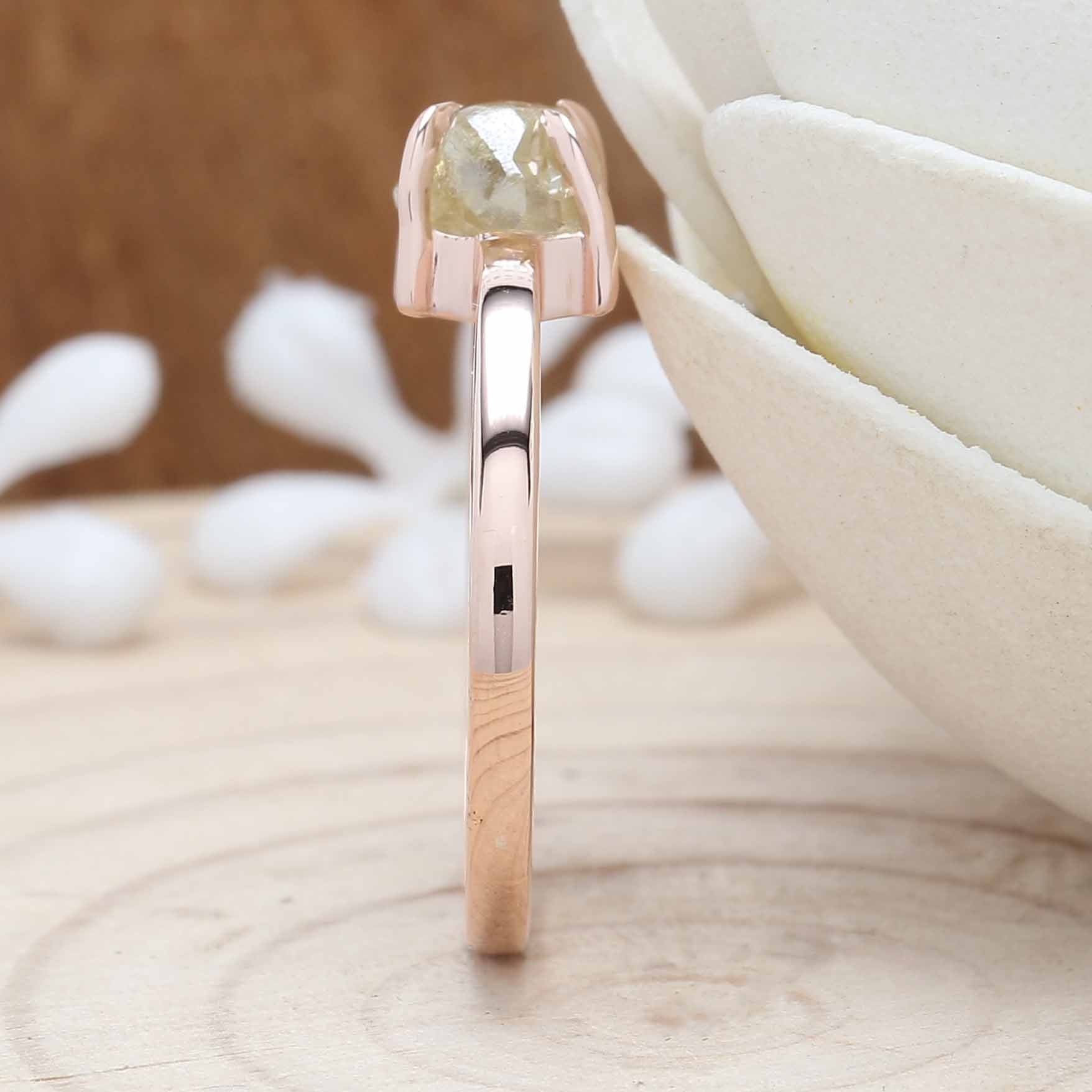 Rough Yellow Color Diamond Ring 1.29 Ct 5.45 MM Crystal Rough Diamond Ring 14K Solid Rose Gold Silver Engagement Ring Gift For Her QL3124