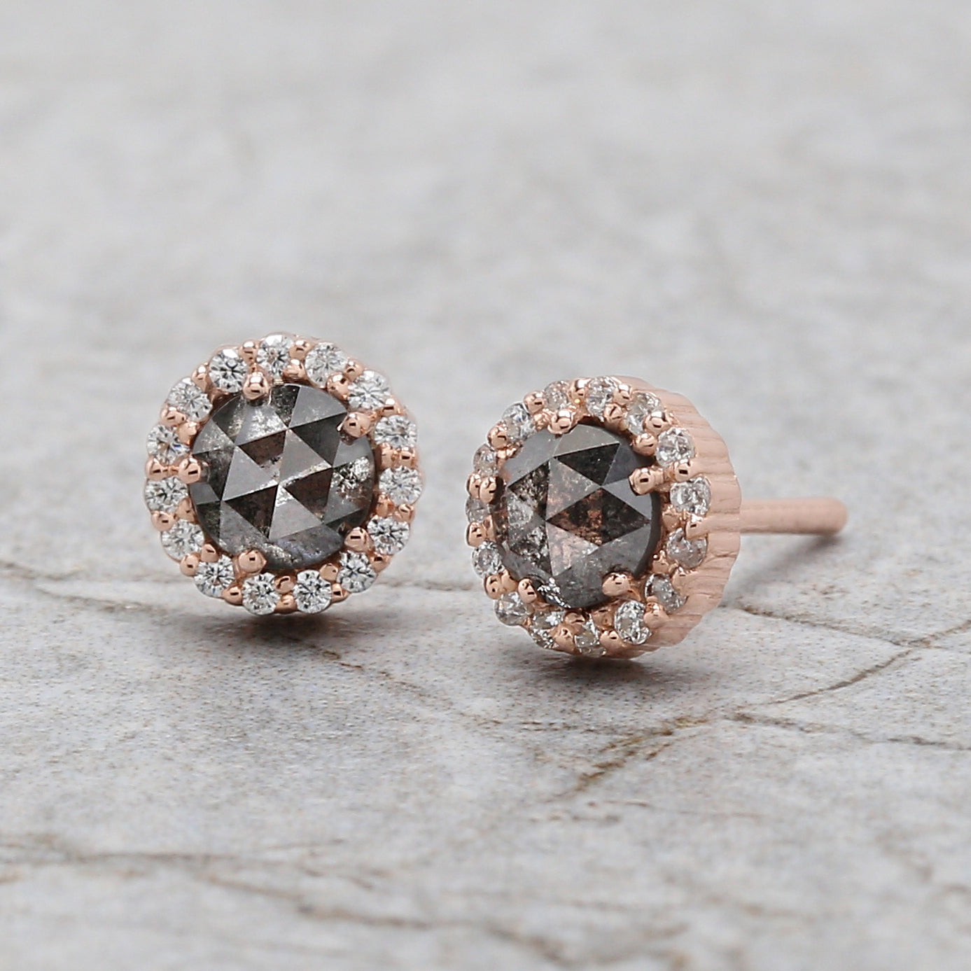 Round Rose Cut Salt And Pepper Diamond Earring 0.78 Ct 4.30 MM Round Diamond Earring 14K Solid Rose Gold Silver Engagement Earring QN1791