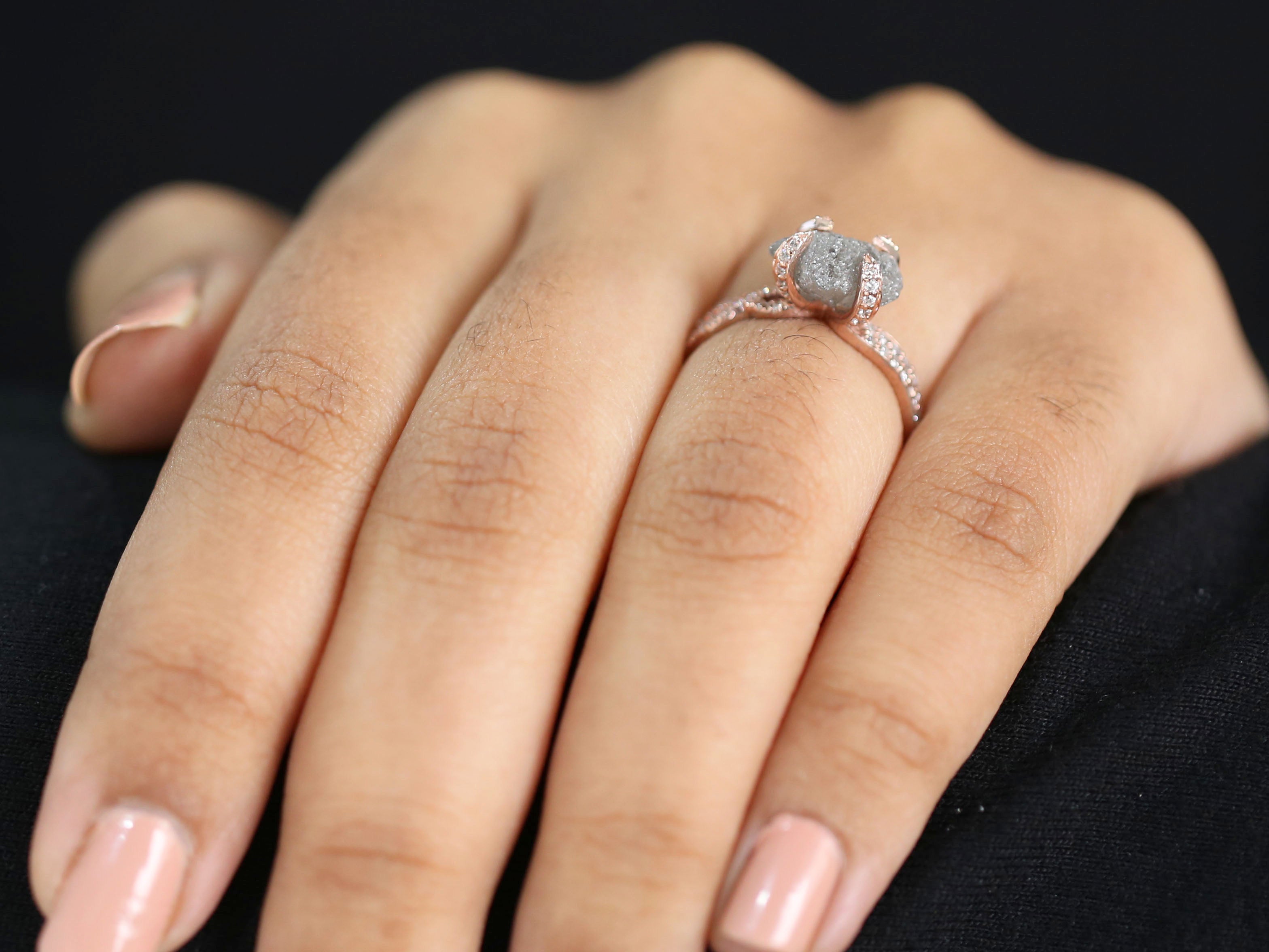 Rough Salt And Pepper Diamond Ring 2.17 Ct 10.25 MM Rough Shape Diamond Ring 14K Solid Rose Gold Silver Engagement Ring Gift For Her QK2479