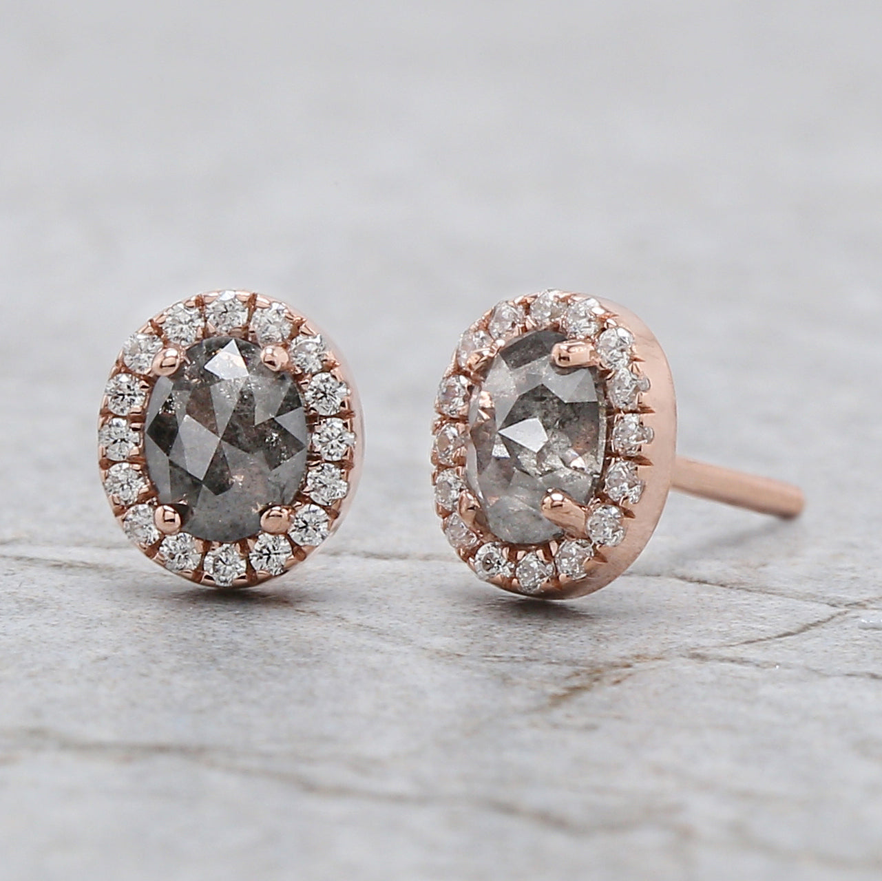 Oval Salt And Pepper Diamond Earring 0.67 Ct 5.04 MM Oval Diamond Earring 14K Solid Rose Gold Silver Engagement Earring Gift For Her QL2528