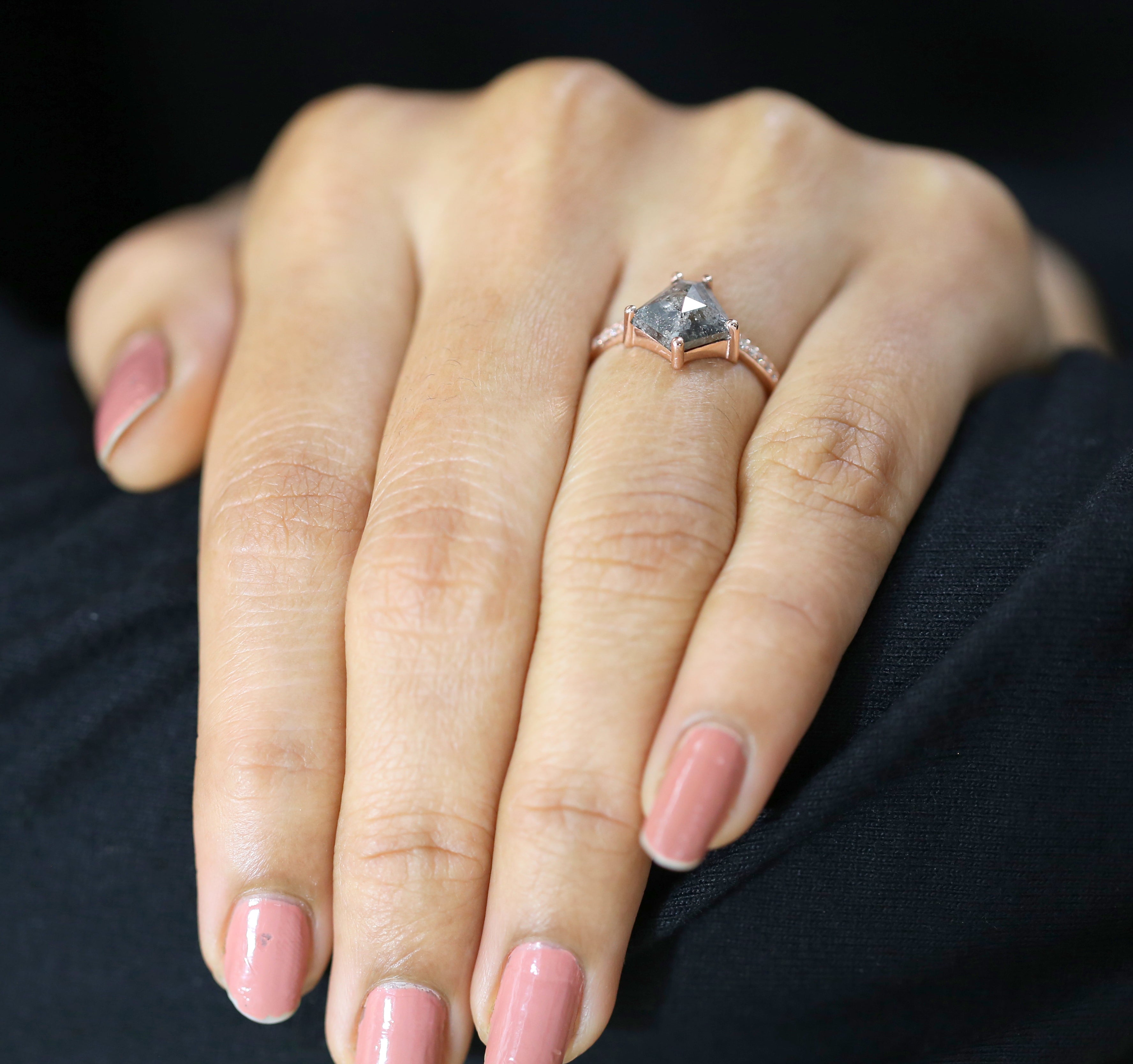 Pentagon Cut Salt And Pepper Diamond Ring 2.03 Ct 8.70 MM Pentagon Diamond Ring 14K Rose Gold Silver Engagement Ring Gift For Her QL9999