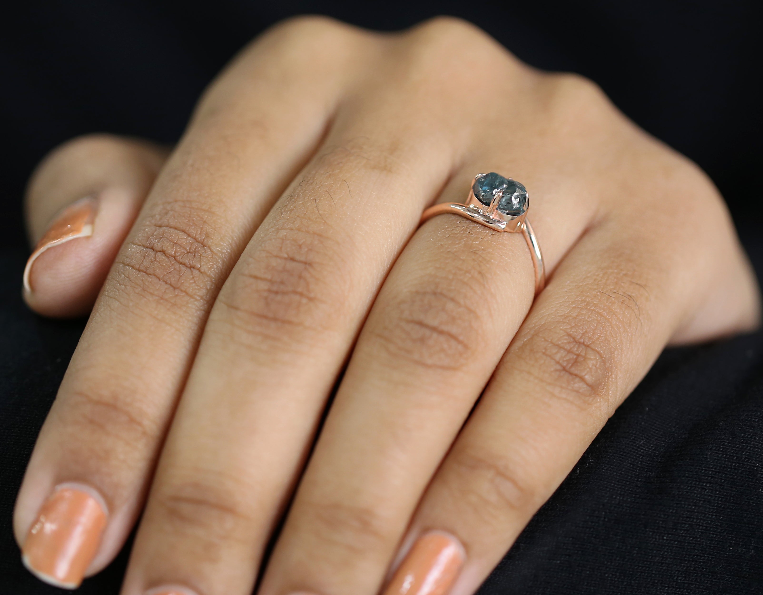 Rough Blue Color Diamond Ring 1.49 Ct 7.07 MM Crystal Rough Diamond Ring 14K Solid Rose Gold Silver Engagement Ring Gift For Her QLB2274
