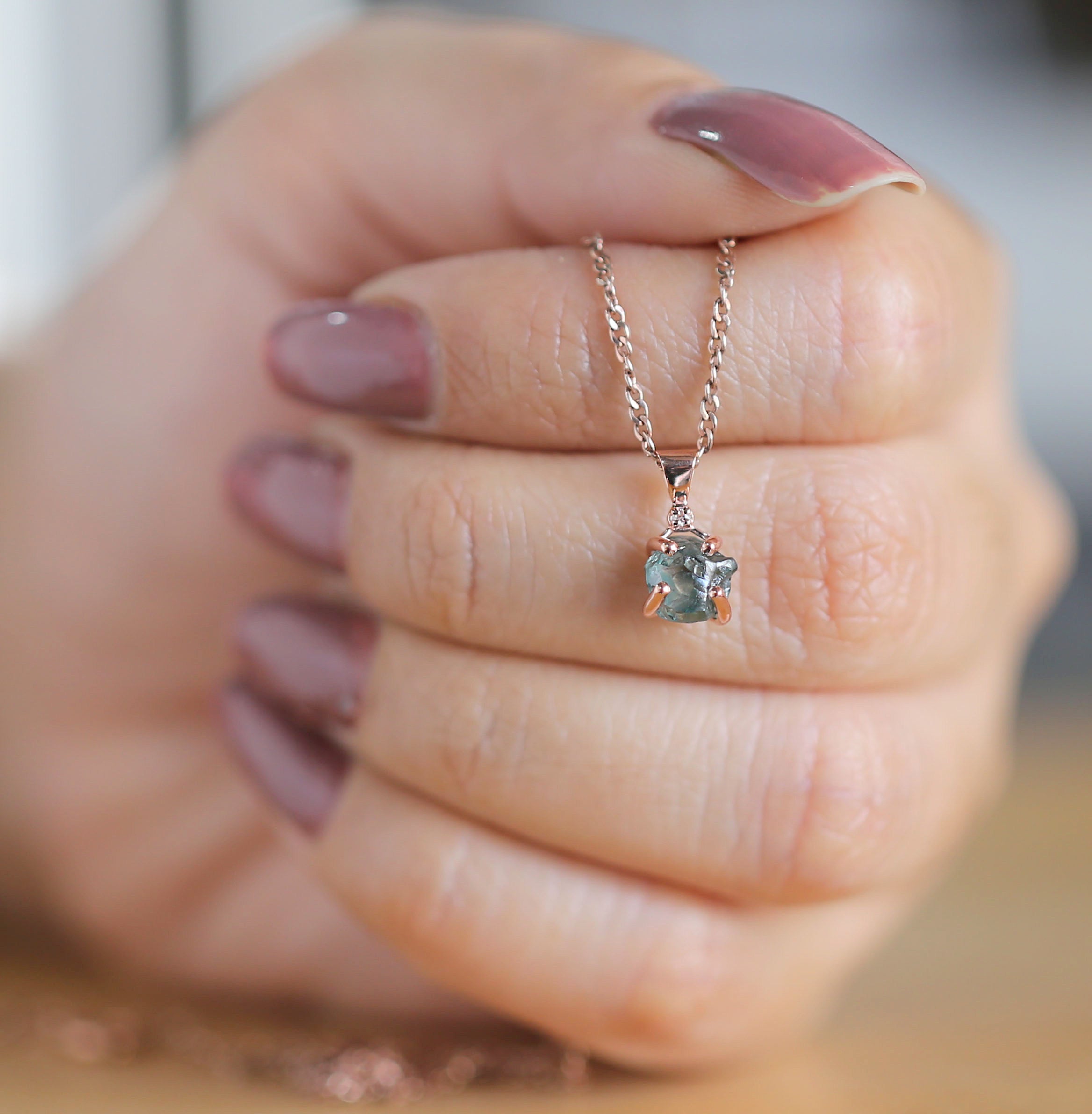 Rough Blue Color Diamond Pendant 1.48 Ct 6.85 MM Uncut Rough Pendant 14K Solid Rose Gold Silver Engagement Pendant Gift For Her QL2348