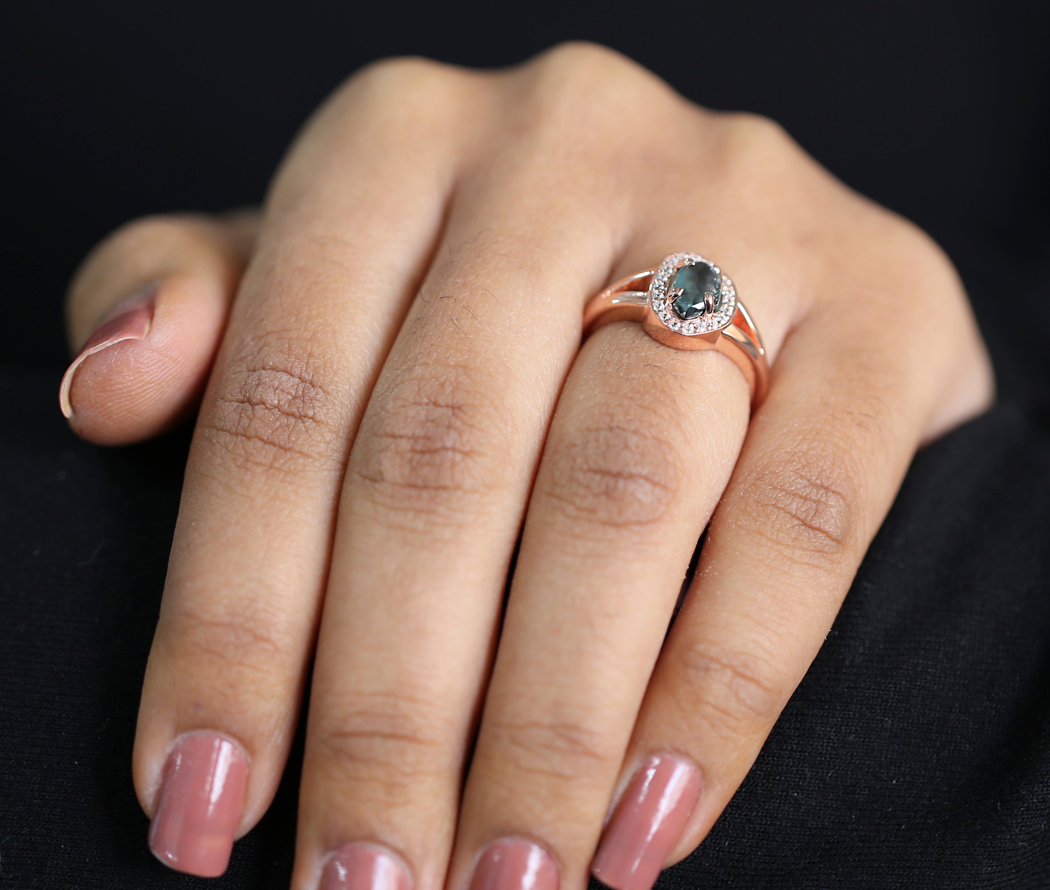 Rough Blue Color Diamond Ring 1.40 Ct 8.04 MM Crystal Rough Diamond Ring 14K Solid Rose Gold Silver Engagement Ring Gift For Her QL2295