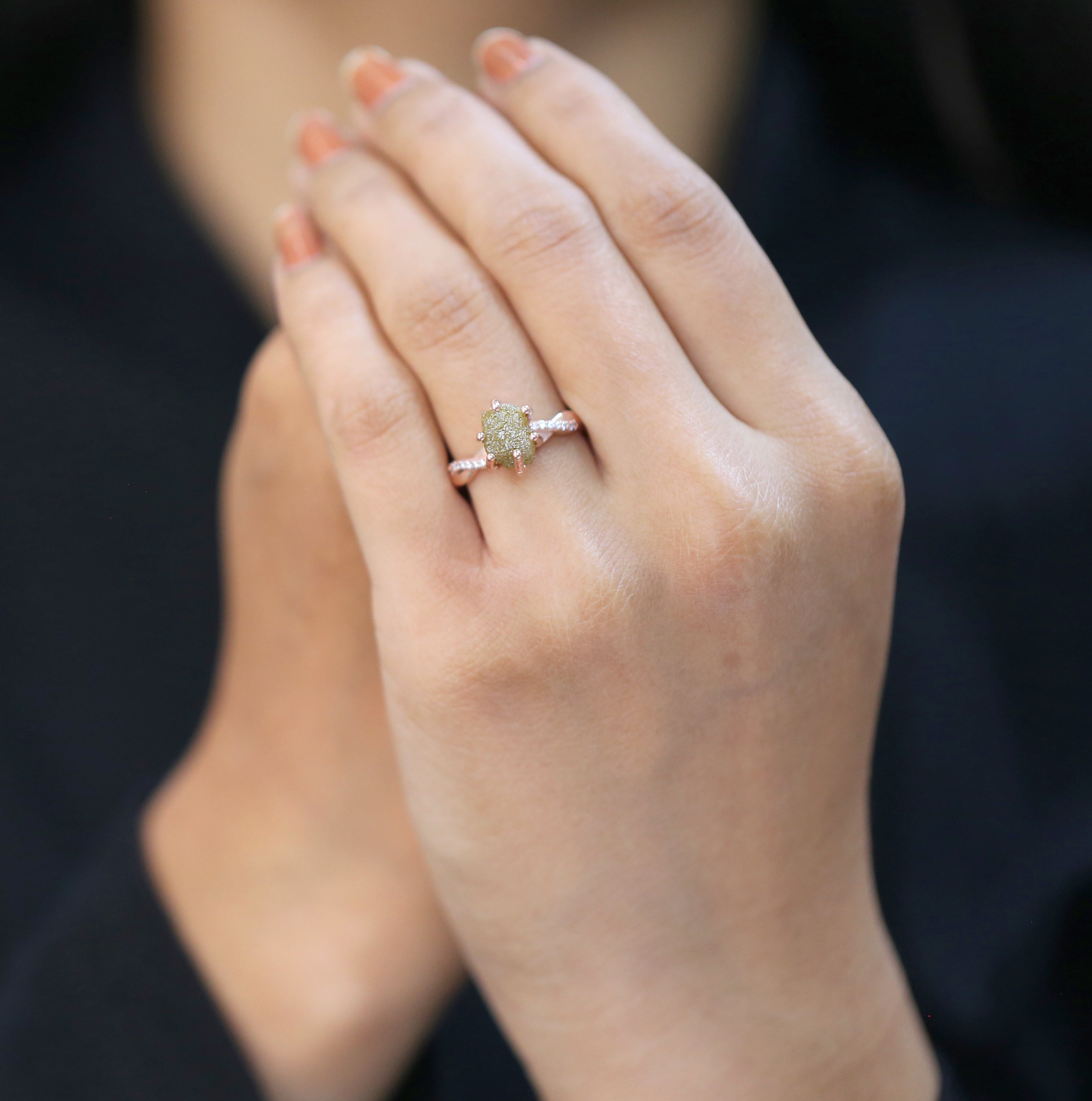 Rough Yellow Color Diamond Ring 3.34 Ct 8.50 MM Crystal Rough Diamond Ring 14K Solid Rose Gold Silver Engagement Ring Gift For Her QK1038