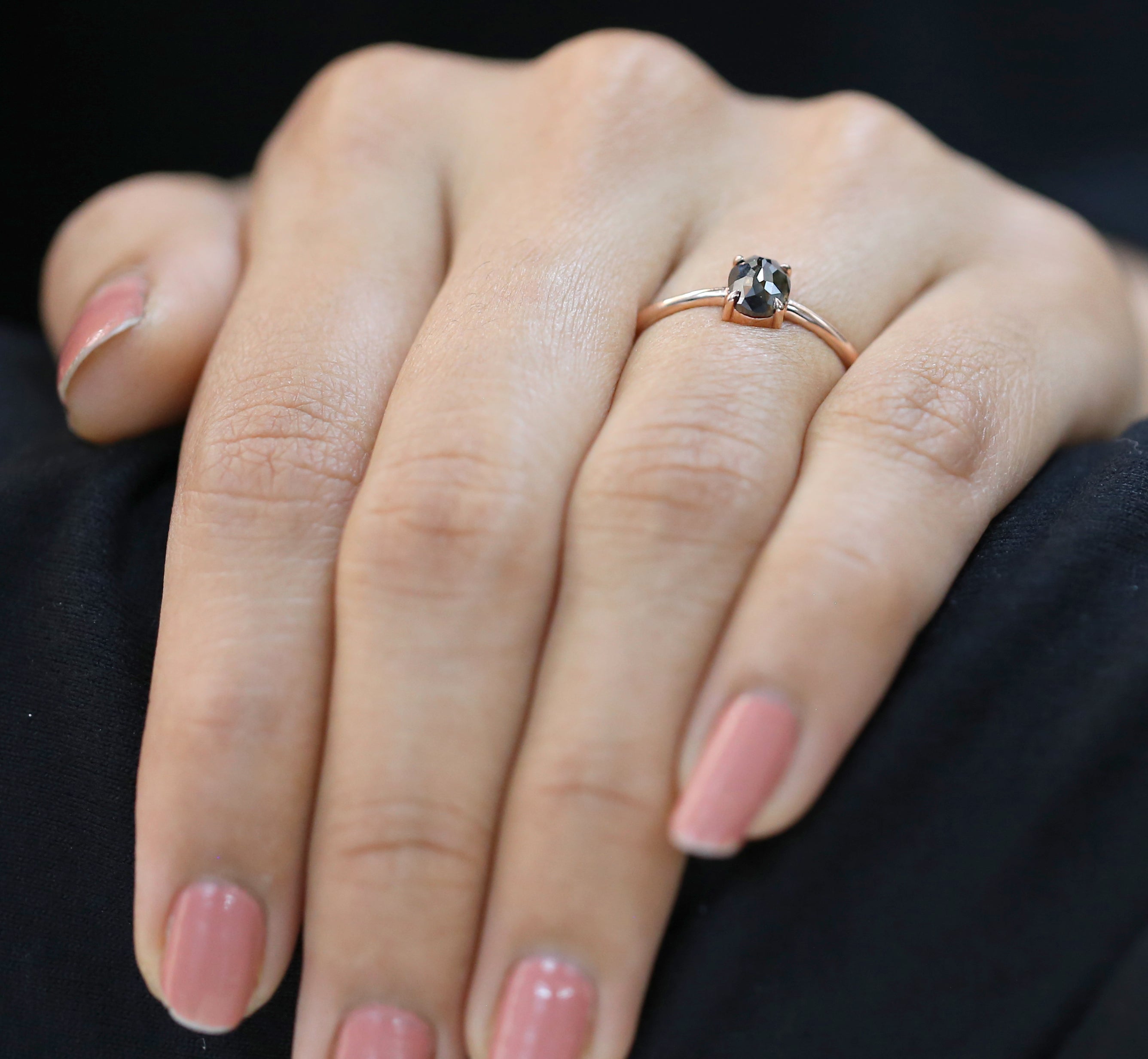 Oval Cut Salt And Pepper Diamond Ring 0.84 Ct 6.30 MM Oval Diamond Ring 14K Solid Rose Gold Silver Oval Engagement Ring Gift For Her QL8355
