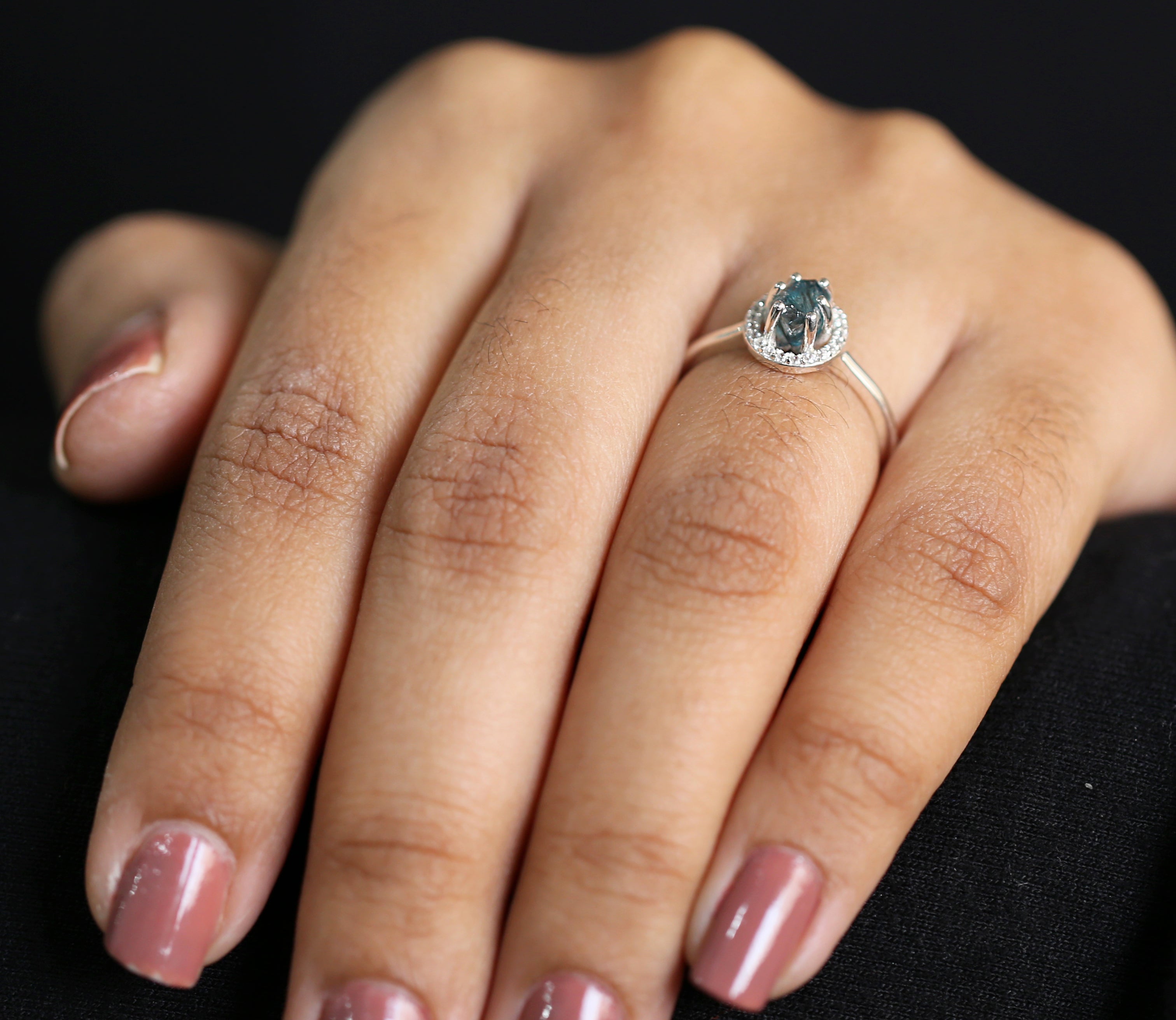 Rough Blue Color Diamond Ring 0.98 Ct 5.55 MM Rough Uncut Diamond Ring 14K Solid White Gold Silver Engagement Ring Gift For Her QLB2356