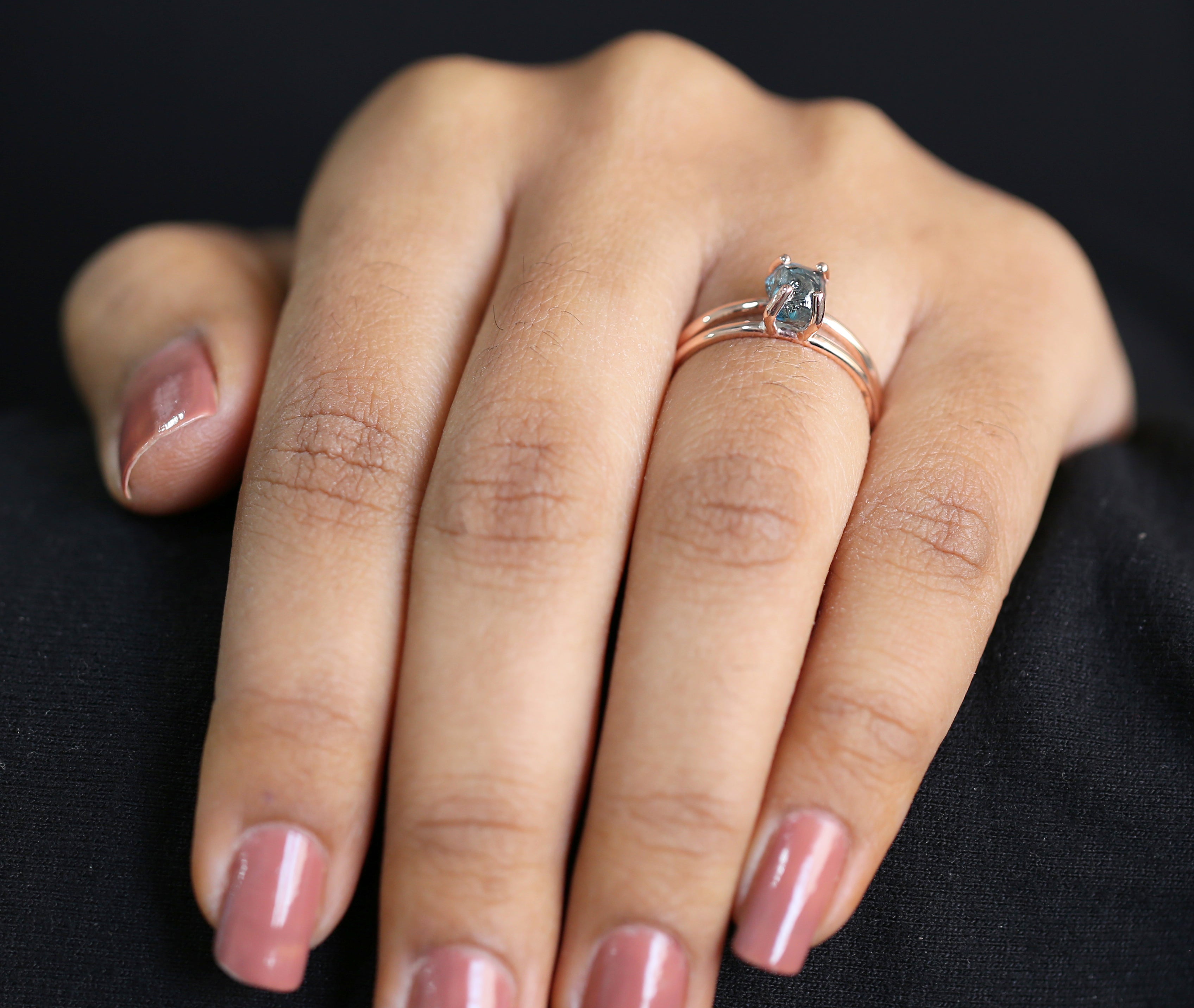 Rough Blue Color Diamond Ring 1.40 Ct 6.60 MM Crystal Rough Diamond Ring 14K Solid Rose Gold Silver Engagement Ring Gift For Her QL2329
