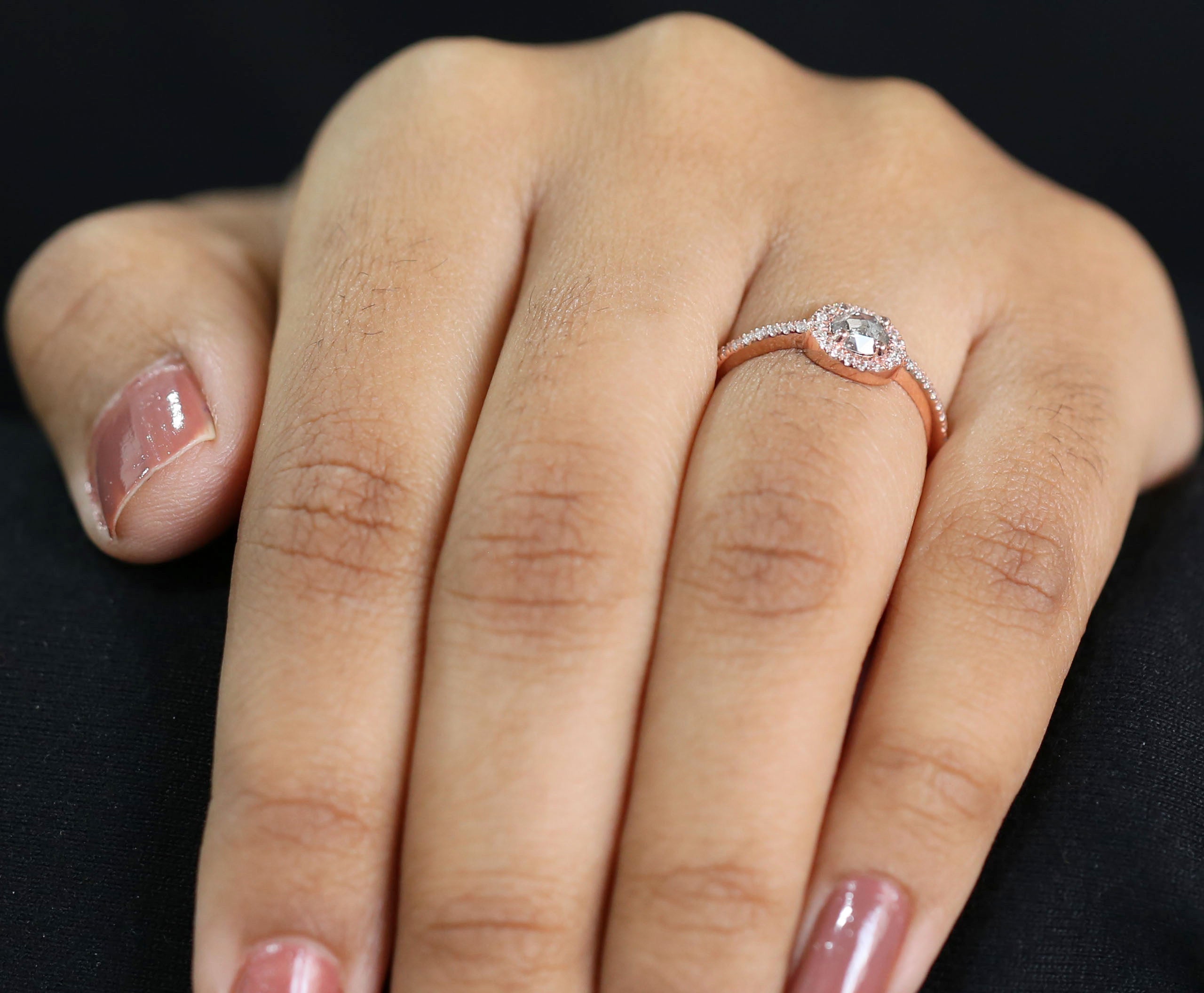 Round Rose Cut Salt And Pepper Diamond Ring 0.35 Ct 4.65 MM Round Diamond Ring 14K Rose Gold Silver Engagement Ring Gift For Her QL3141