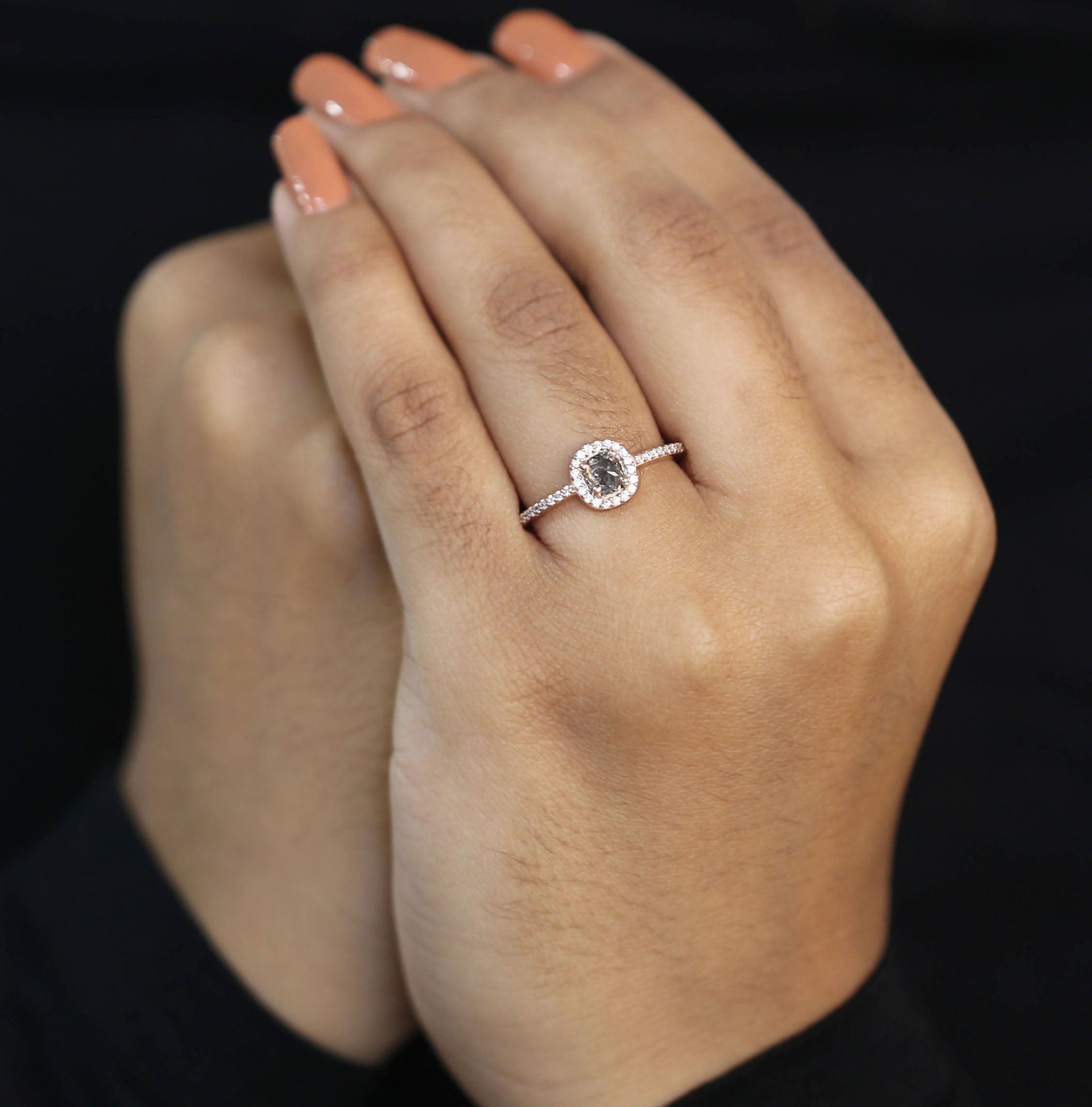 Oval Cut Salt And Pepper Diamond Ring 0.53 Ct 4.85 MM Oval Diamond Ring 14K Solid Rose Gold Silver Oval Engagement Ring Gift For Her QL3134