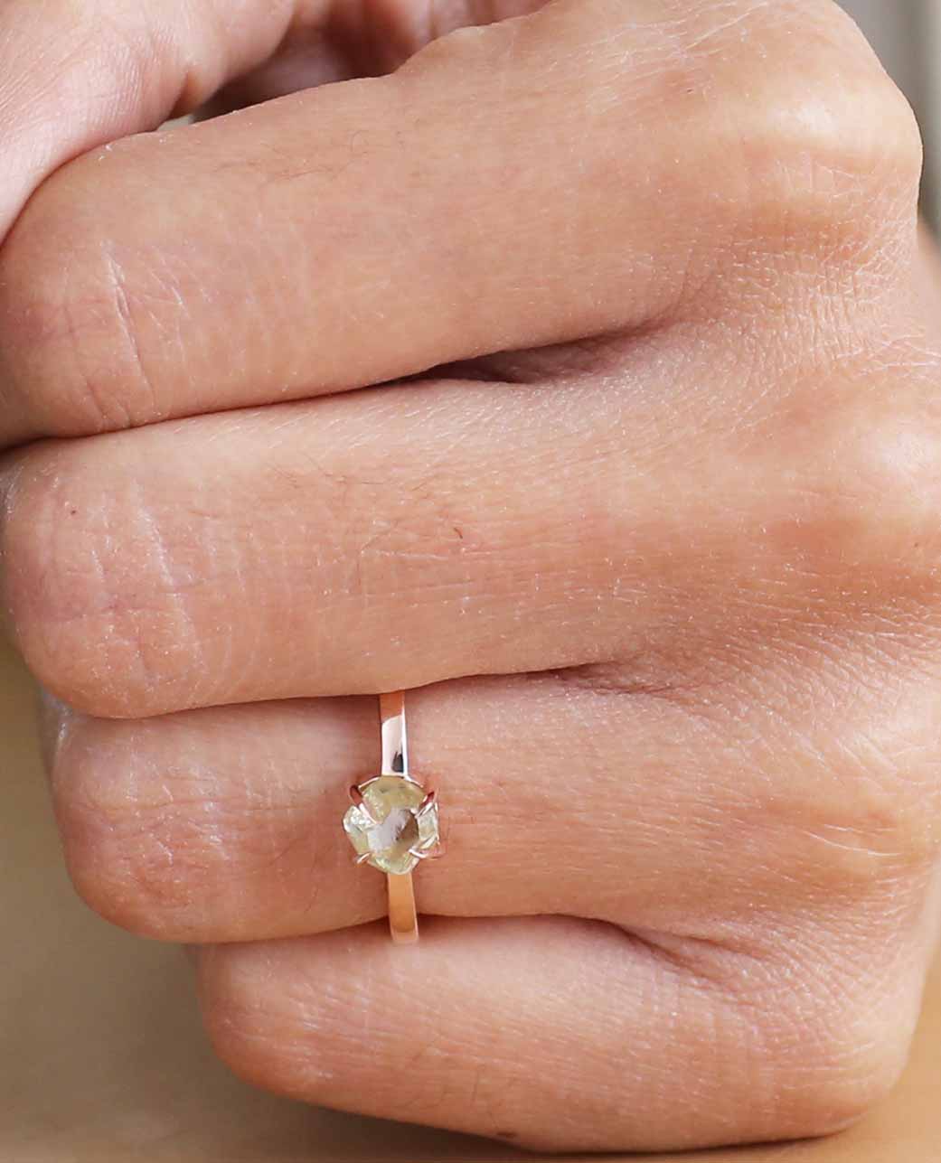 Rough Yellow Color Diamond Ring 1.29 Ct 5.45 MM Crystal Rough Diamond Ring 14K Solid Rose Gold Silver Engagement Ring Gift For Her QL3124