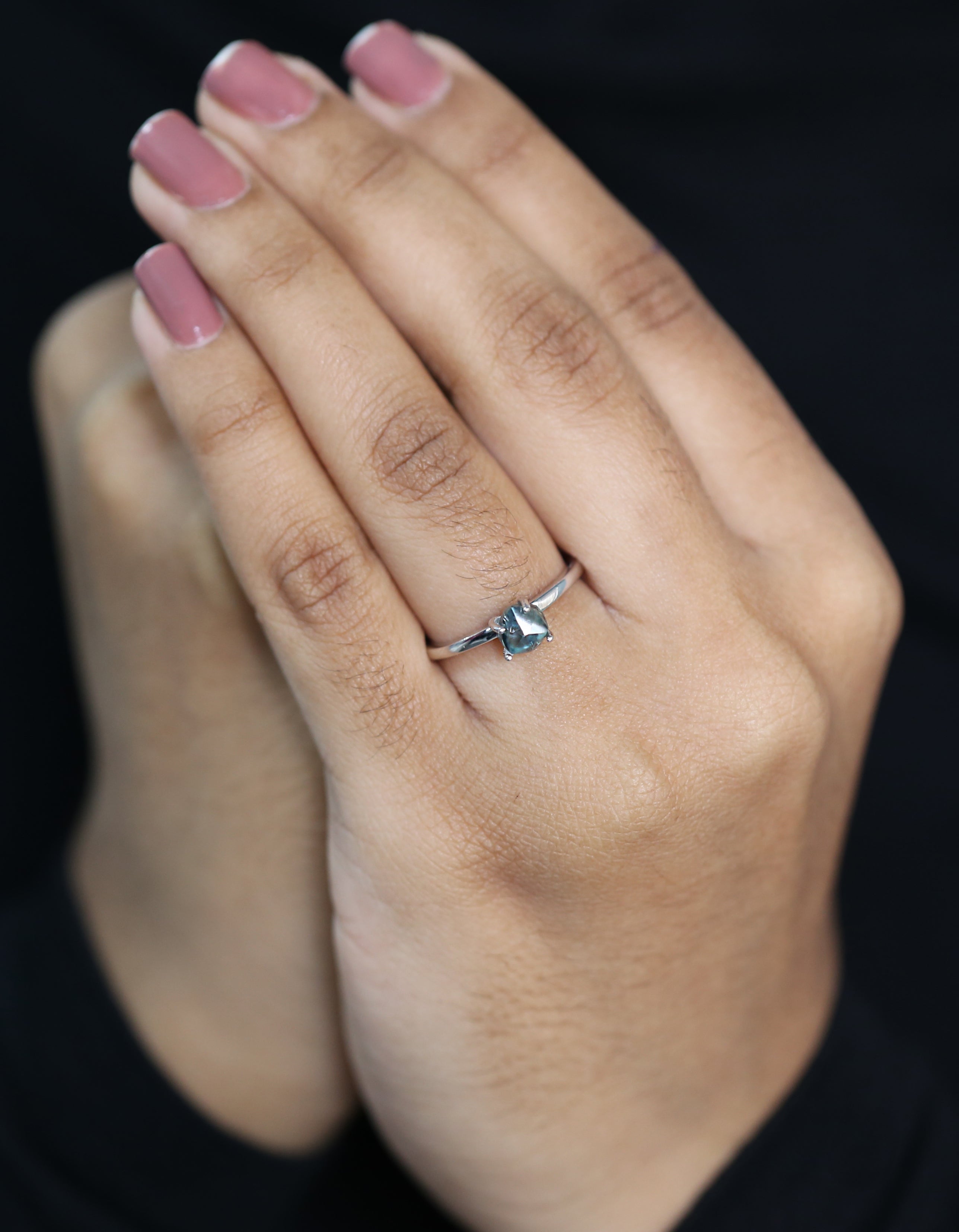 Rough Cut Blue Color Diamond Ring 1.35 Ct 6.40 MM Crystal Rough Diamond Ring 14K Solid White Gold Silver Engagement Ring Gift For Her QL2350