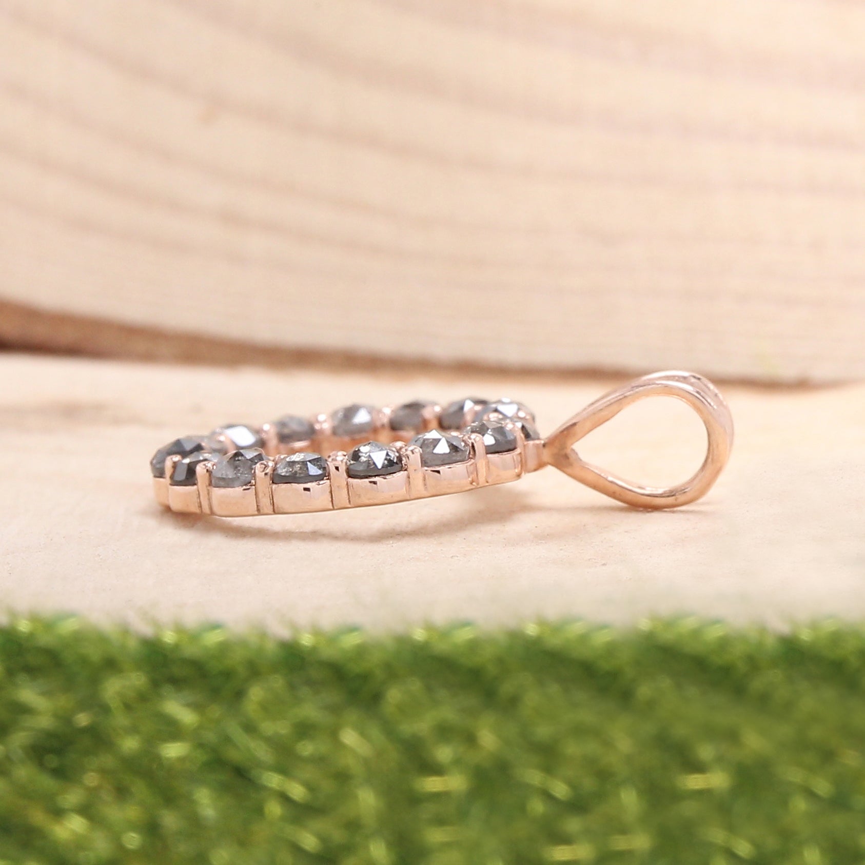 0.86 Ct Natural Round Rose Cut Salt And Pepper Diamond Pendant 2.30 MM Round Cut Diamond Pendant 14K Rose Gold Silver Engagement KD1215