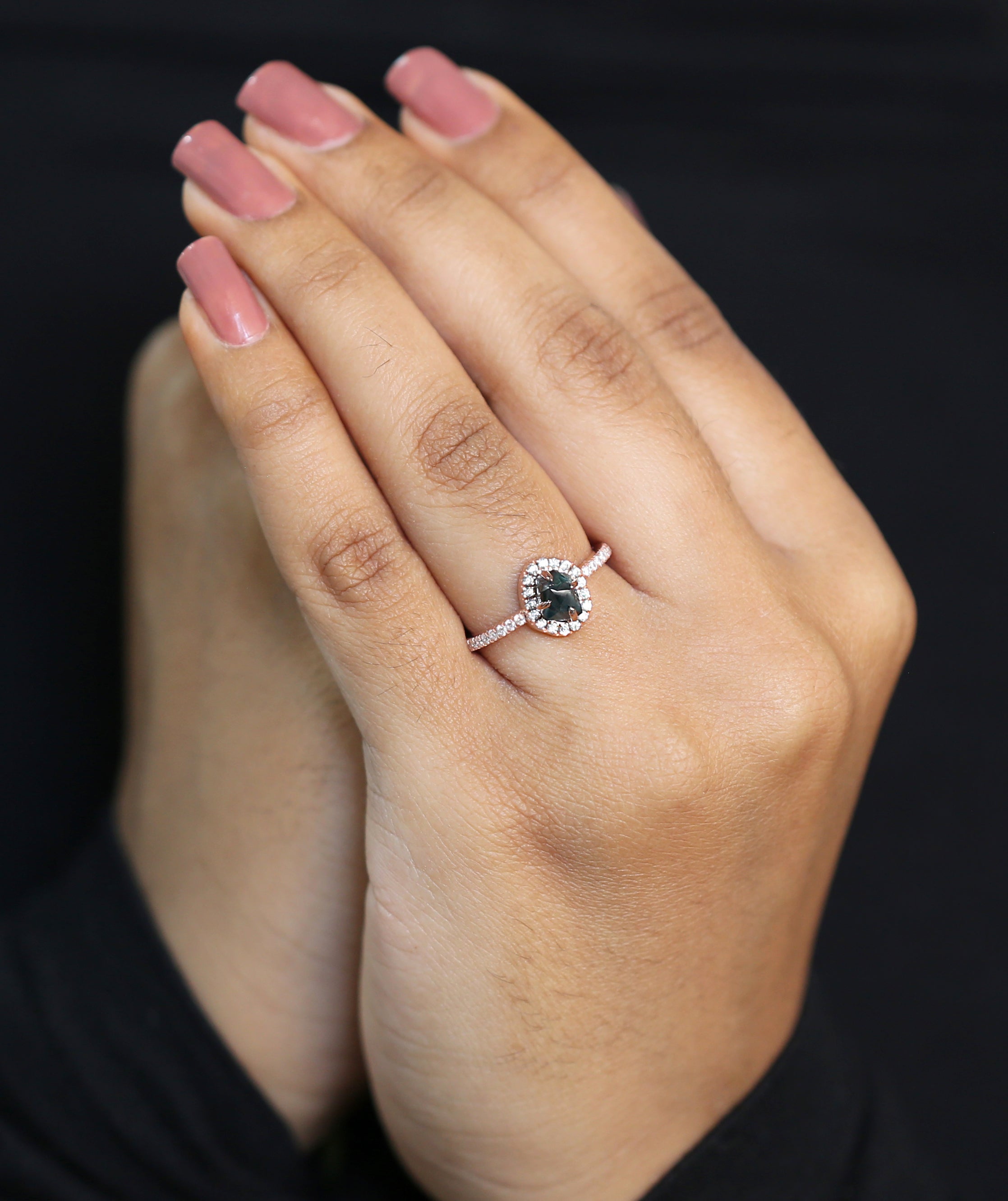 Rough Blue Color Diamond Ring 1.34 Ct 6.23 MM Crystal Rough Diamond Ring 14K Solid Rose Gold Silver Engagement Ring Gift For Her QL2301