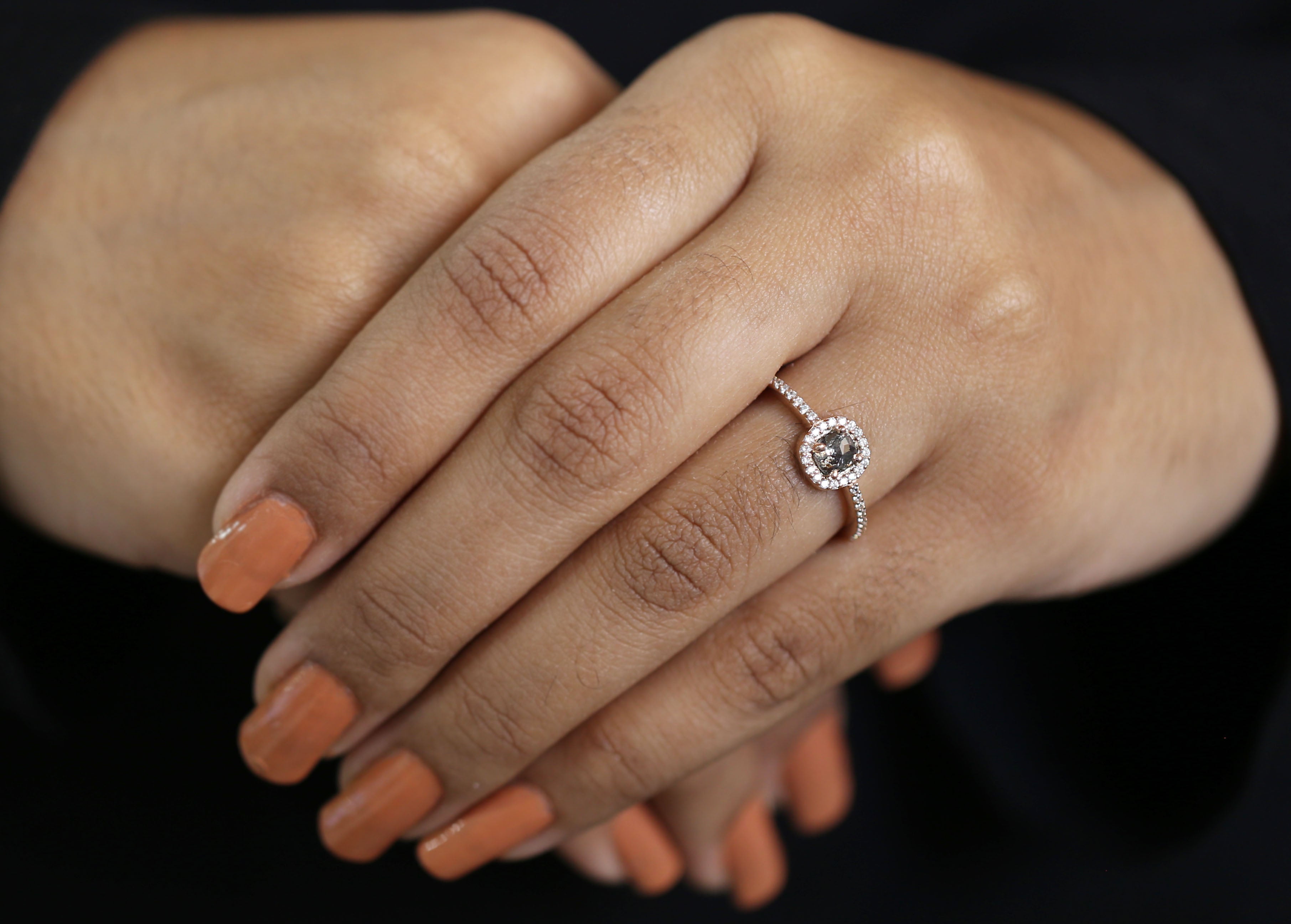 Oval Cut Salt And Pepper Diamond Ring 0.53 Ct 4.85 MM Oval Diamond Ring 14K Solid Rose Gold Silver Oval Engagement Ring Gift For Her QL3134