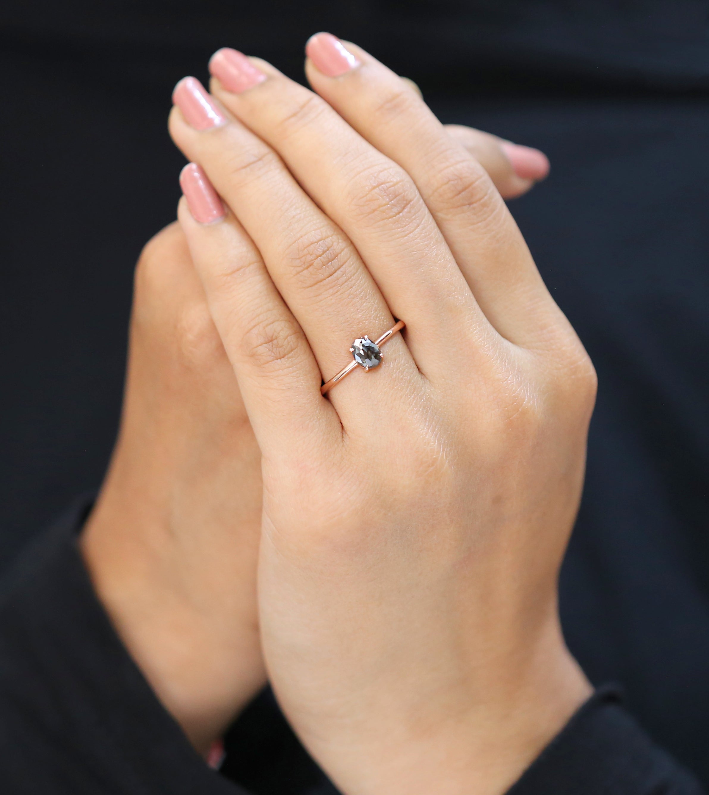 Oval Cut Salt And Pepper Diamond Ring 0.84 Ct 6.30 MM Oval Diamond Ring 14K Solid Rose Gold Silver Oval Engagement Ring Gift For Her QL8355