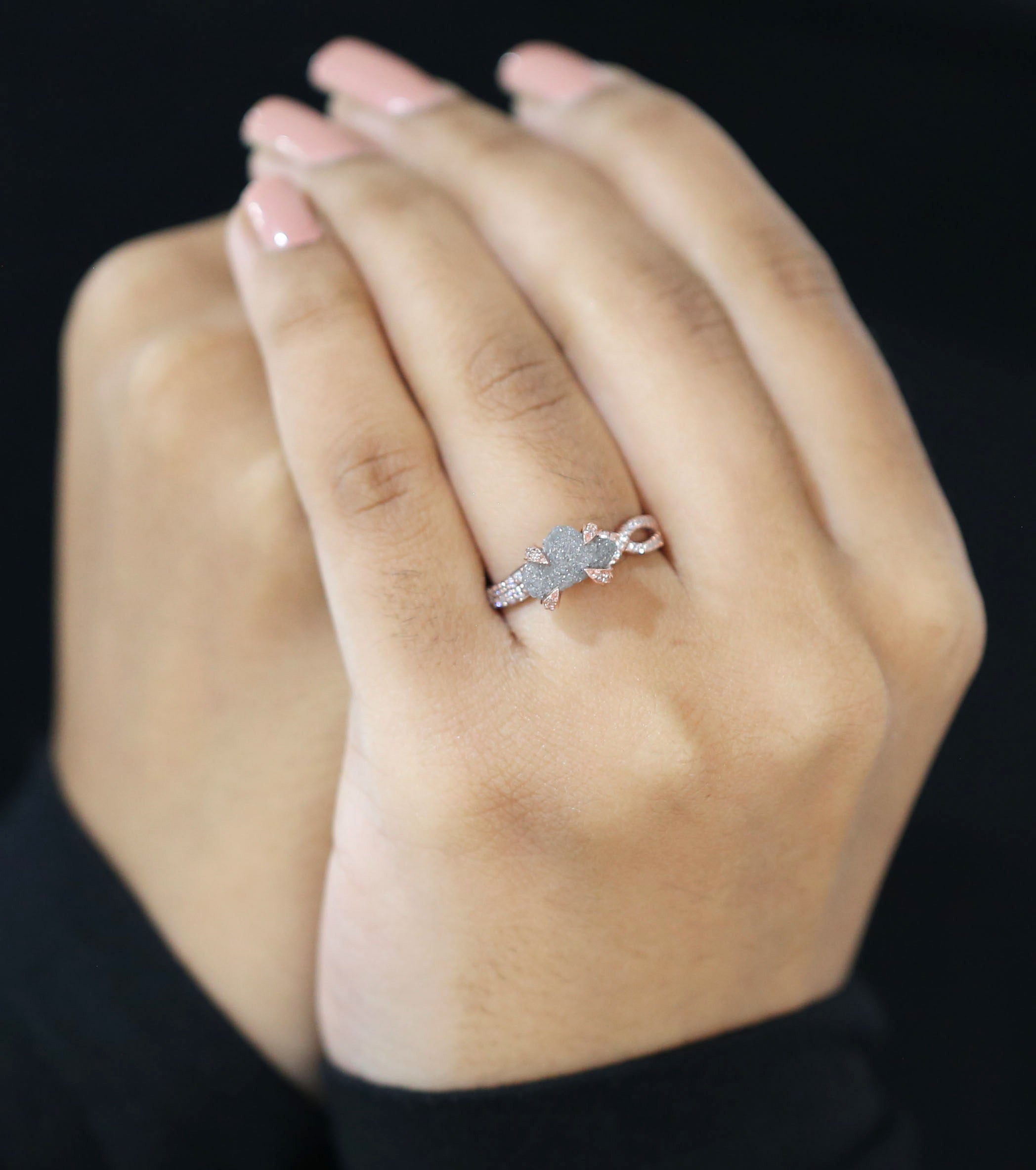 Rough Salt And Pepper Diamond Ring 2.17 Ct 10.25 MM Rough Shape Diamond Ring 14K Solid Rose Gold Silver Engagement Ring Gift For Her QK2479