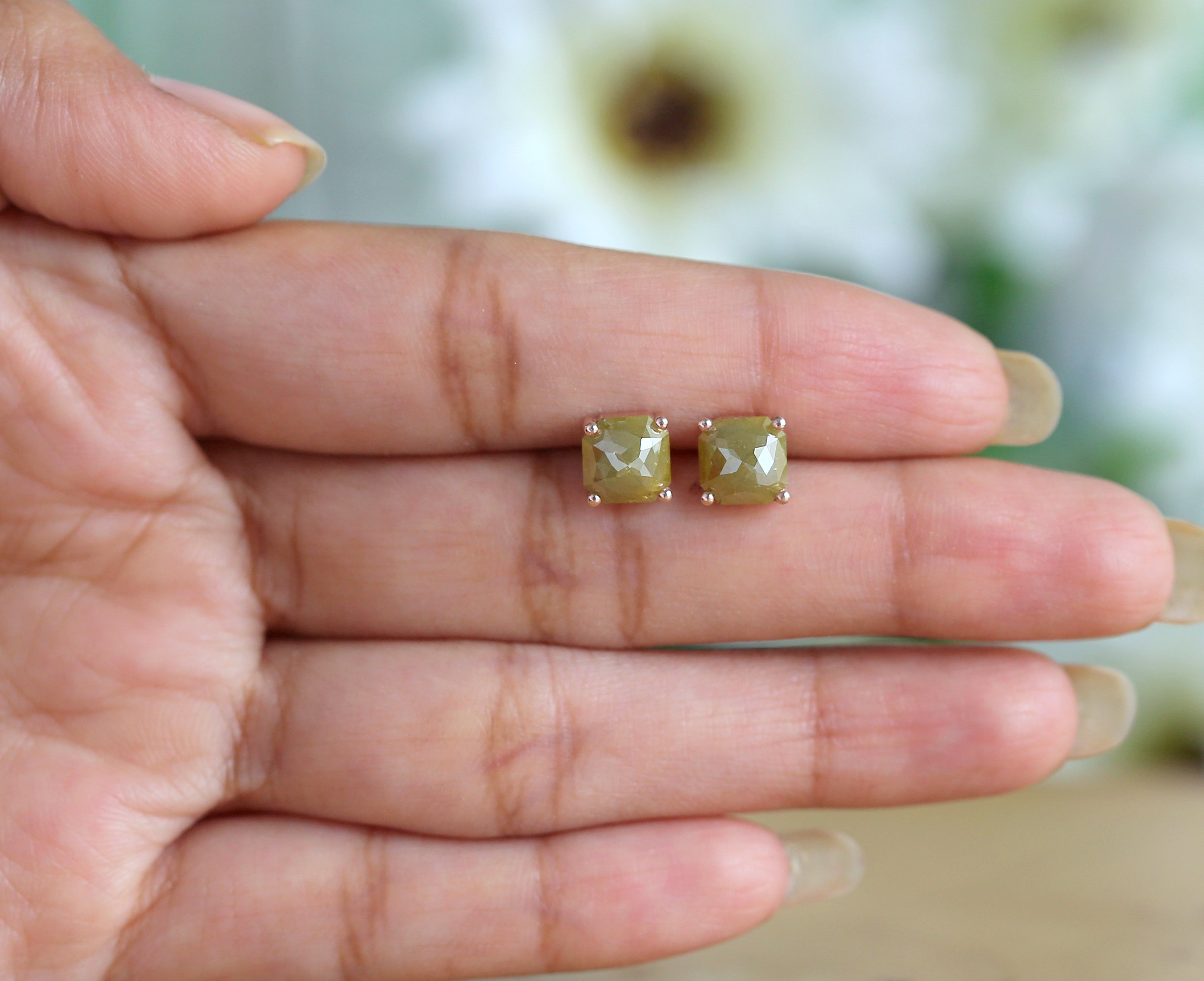 Radiant Cut Yellow Color Diamond Earring 2.39 Ct 6.70 MM Radiant Diamond Earring 14K Solid Rose Gold Silver Radiant Earring Gift For Her QKB622